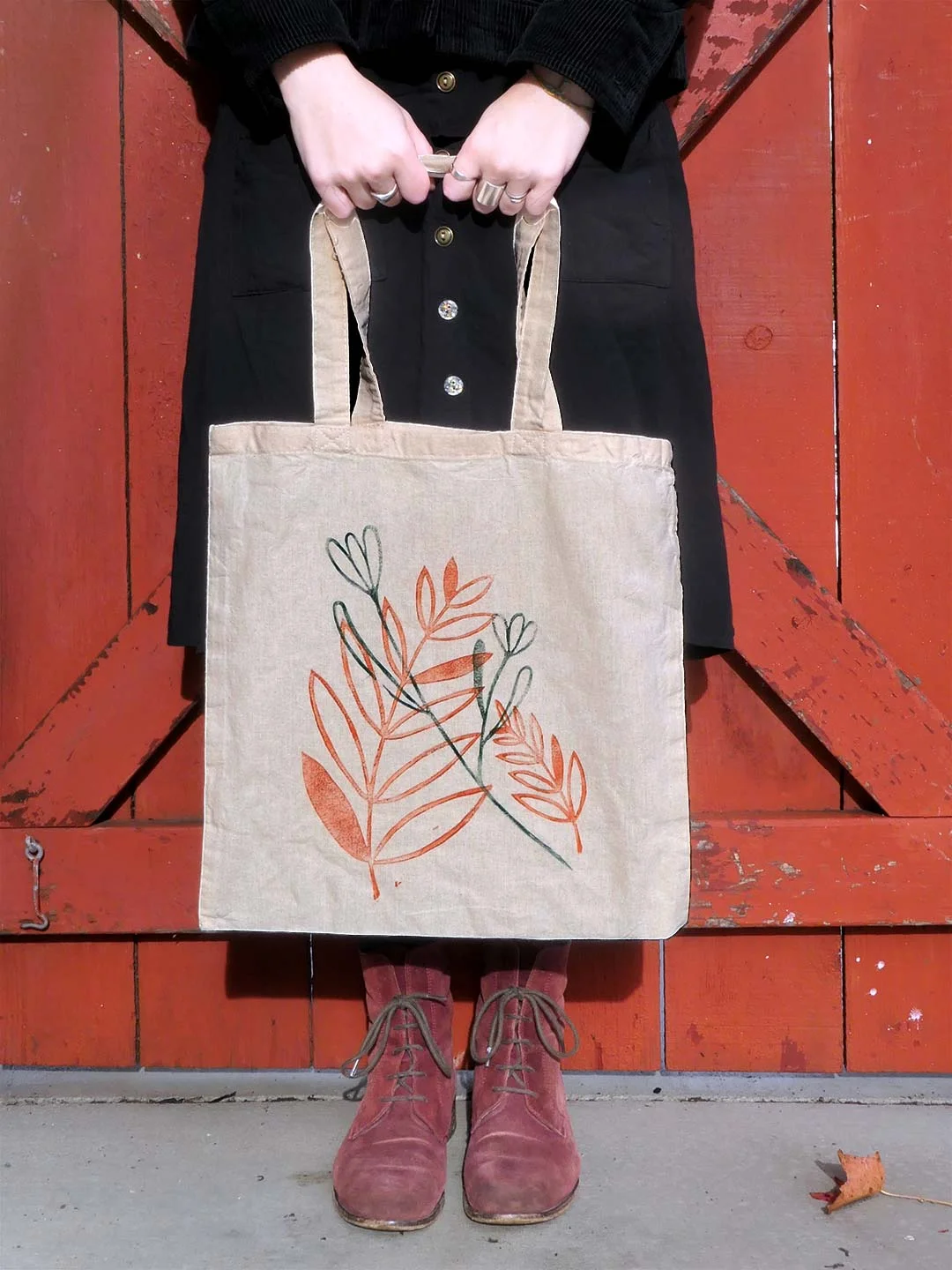 Hand-Printed Tote Bag || Fleur Orange || Blockprint Flower Fleur Plant Illustration