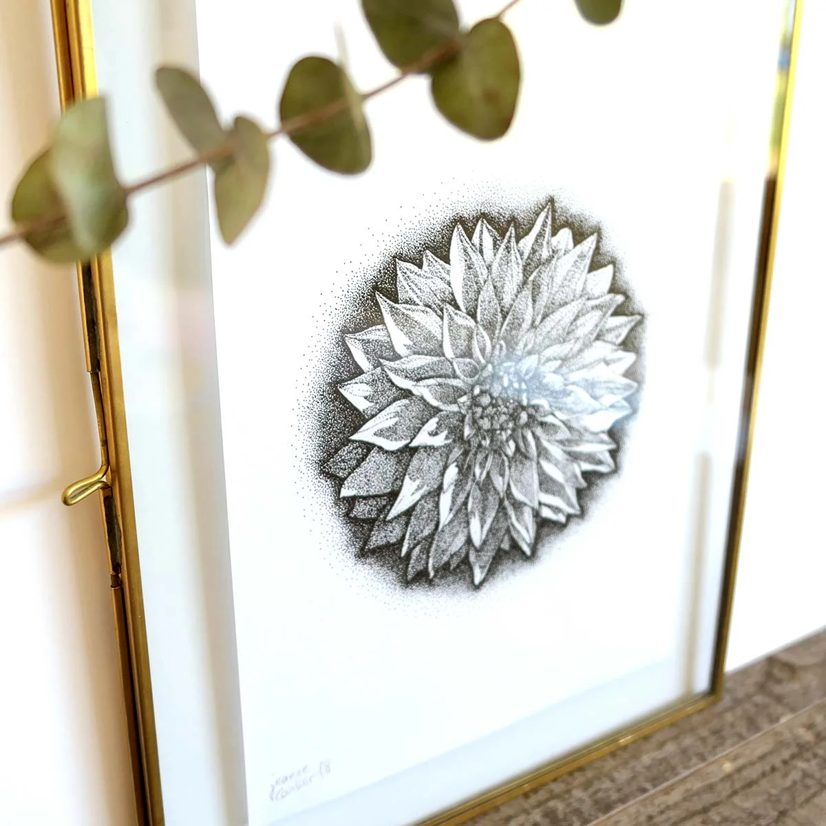 Original Art Print || Dahlia || Stippling Illustration Flower Black & White