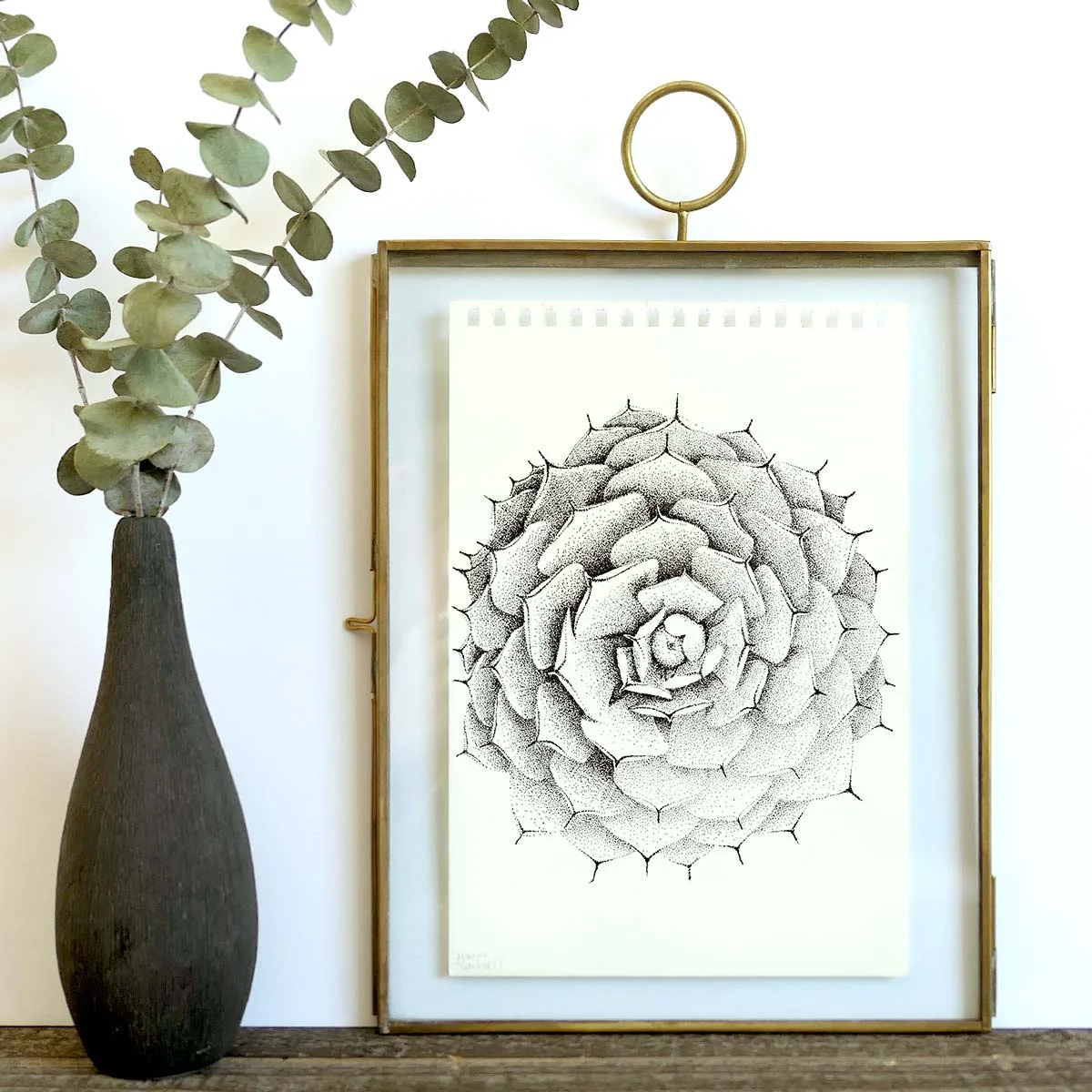 Copy of Original Art Print || Marble || Black & White Stippling Illustration Succulent Plant Flower