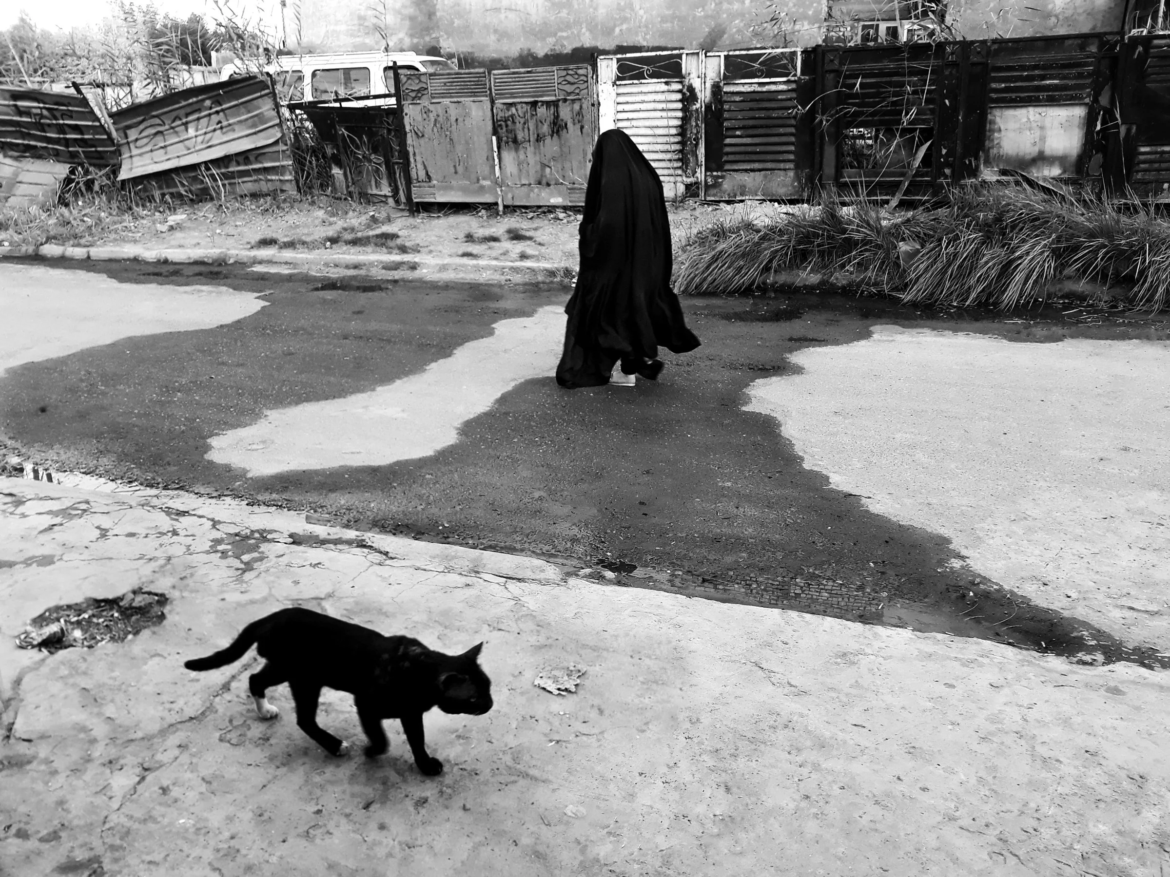 High-contrast black and white: a woman in a full black abaya walks away over wet cracked tarmac while a black street cat crosses the near foreground, rusted corrugated gates and a battered van behind