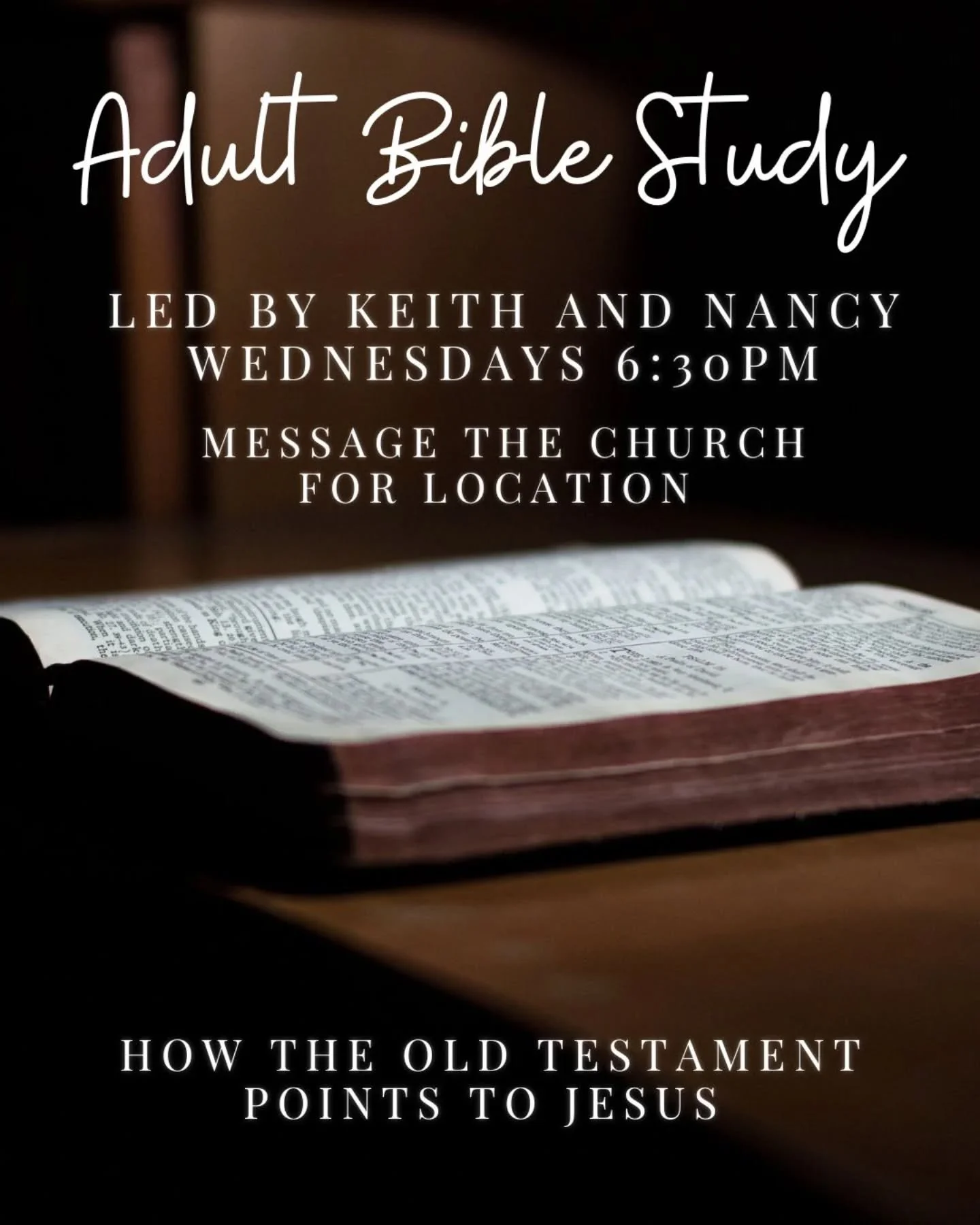 Our adult Bible study starts tonight and will be every Wednesday at 6:30 p.m. Keith and Nancy will be teaching how the Old Testament points to Jesus. Message the church for location 📖✝️