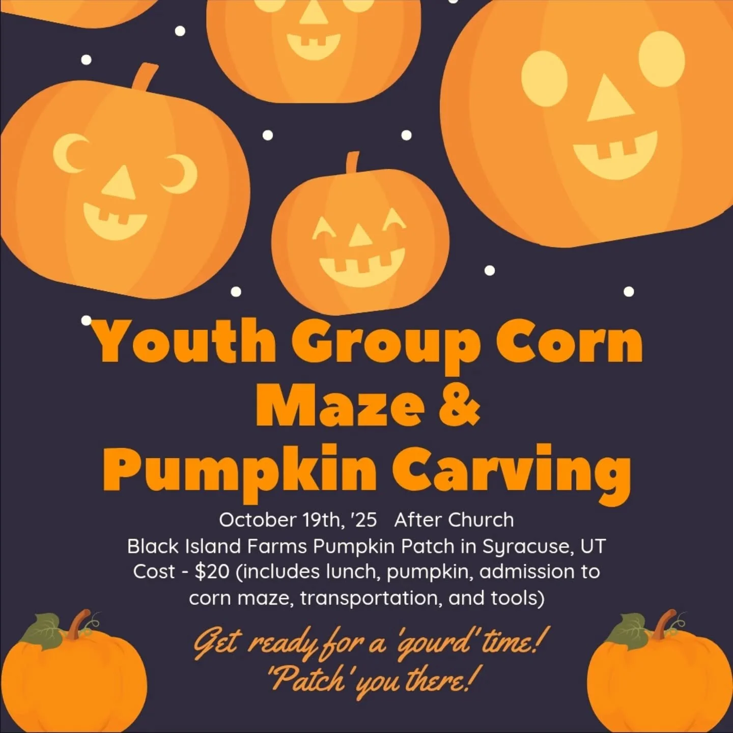 This Sunday the youth group will be going to Black Island Farms Pumpkin Patch after service! The cost is $20. Let the church know if your teen will be coming 🎃