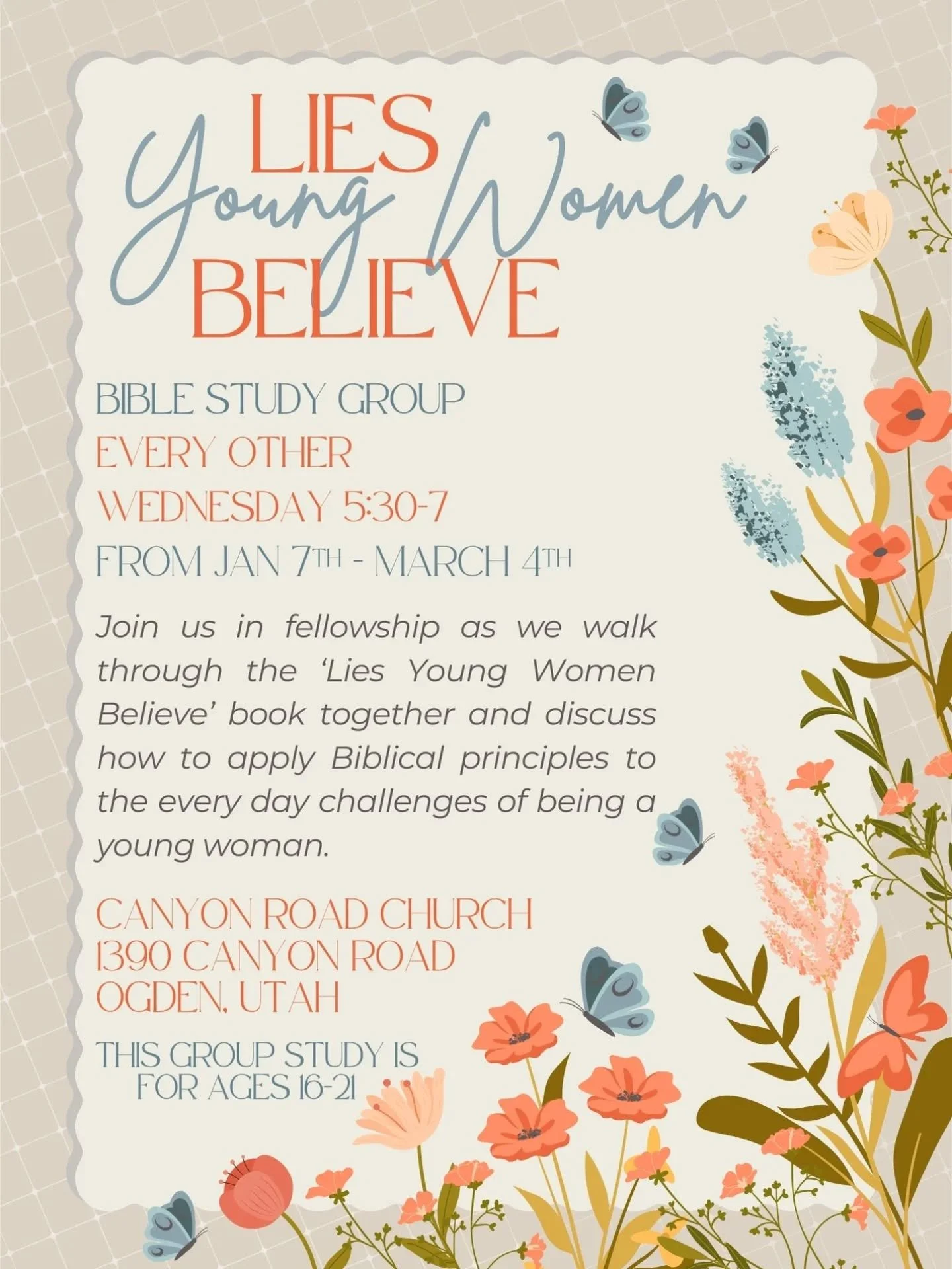 Young women ages 16-21 are invited to a Bible study where we will be discussing the book Lies Young Women Believe 📖 

We will meet every other Wednesday at church from 5:30- 7pm beginning January 7th. ⛪

Join us in fellowship as we study together an