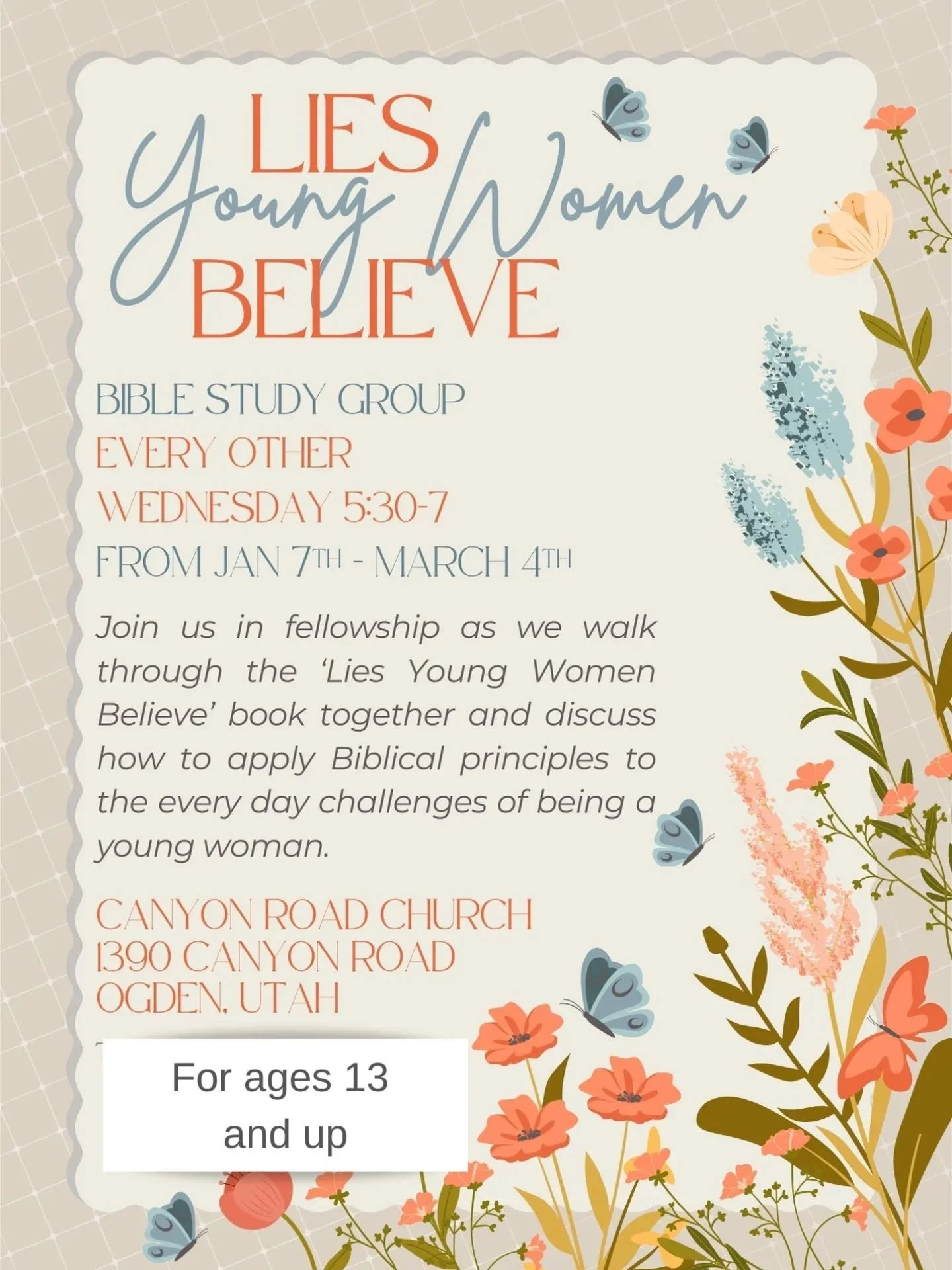 *Age Limit Update* We have decided to lower the age limit to 13 to accommodate more teens! 🥳

Young women are invited to a Bible study where we will be discussing the book Lies Young Women Believe 📖 

We will meet every other Wednesday at church fr