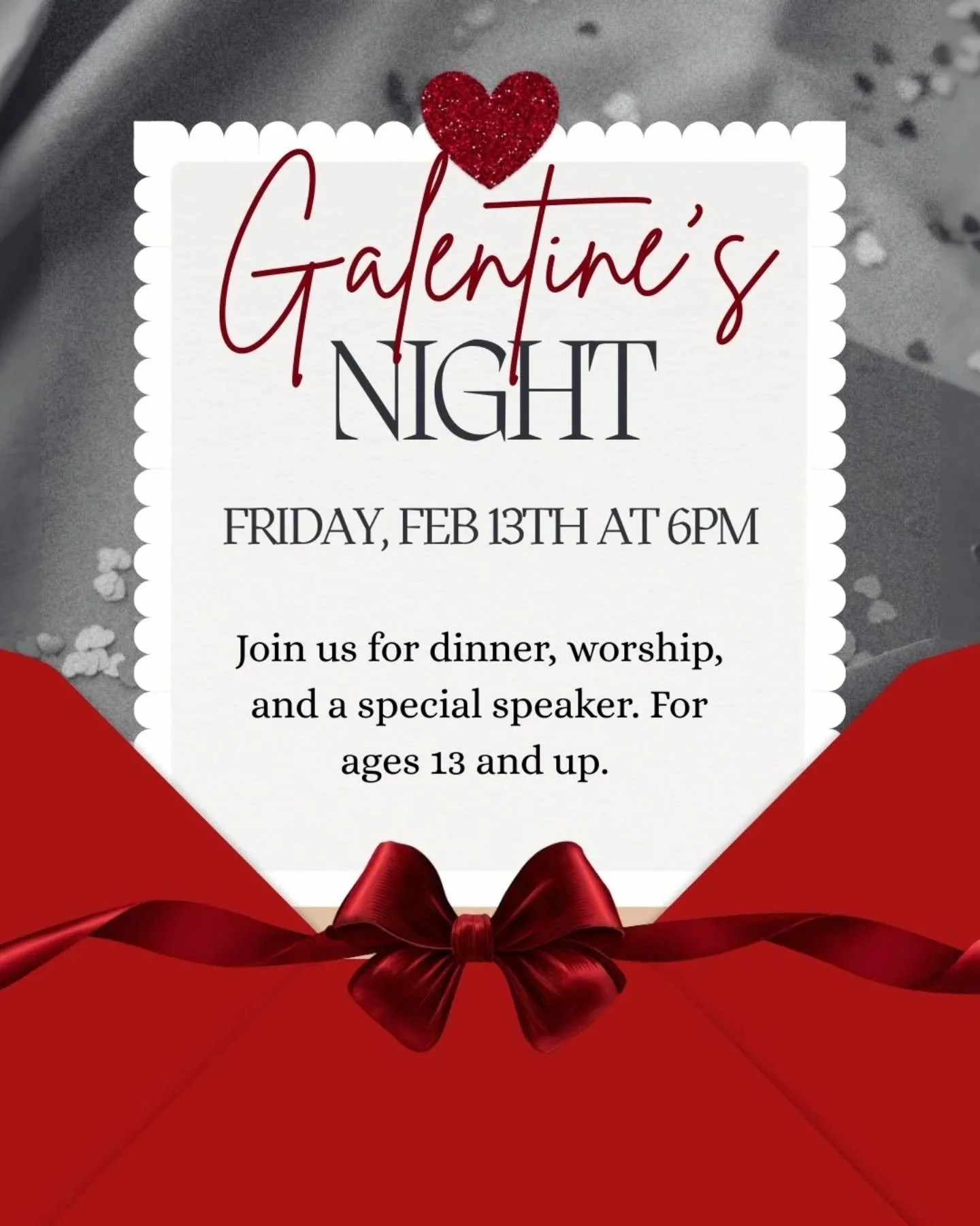 Ladies, we have something special planned for you at our Galentine's night for ages 13+ 💘

On Friday Feb. 13th at 6pm we will have dinner, worship, and a special speaker. Childcare will be provided. Invite your friends for an amazing night together 