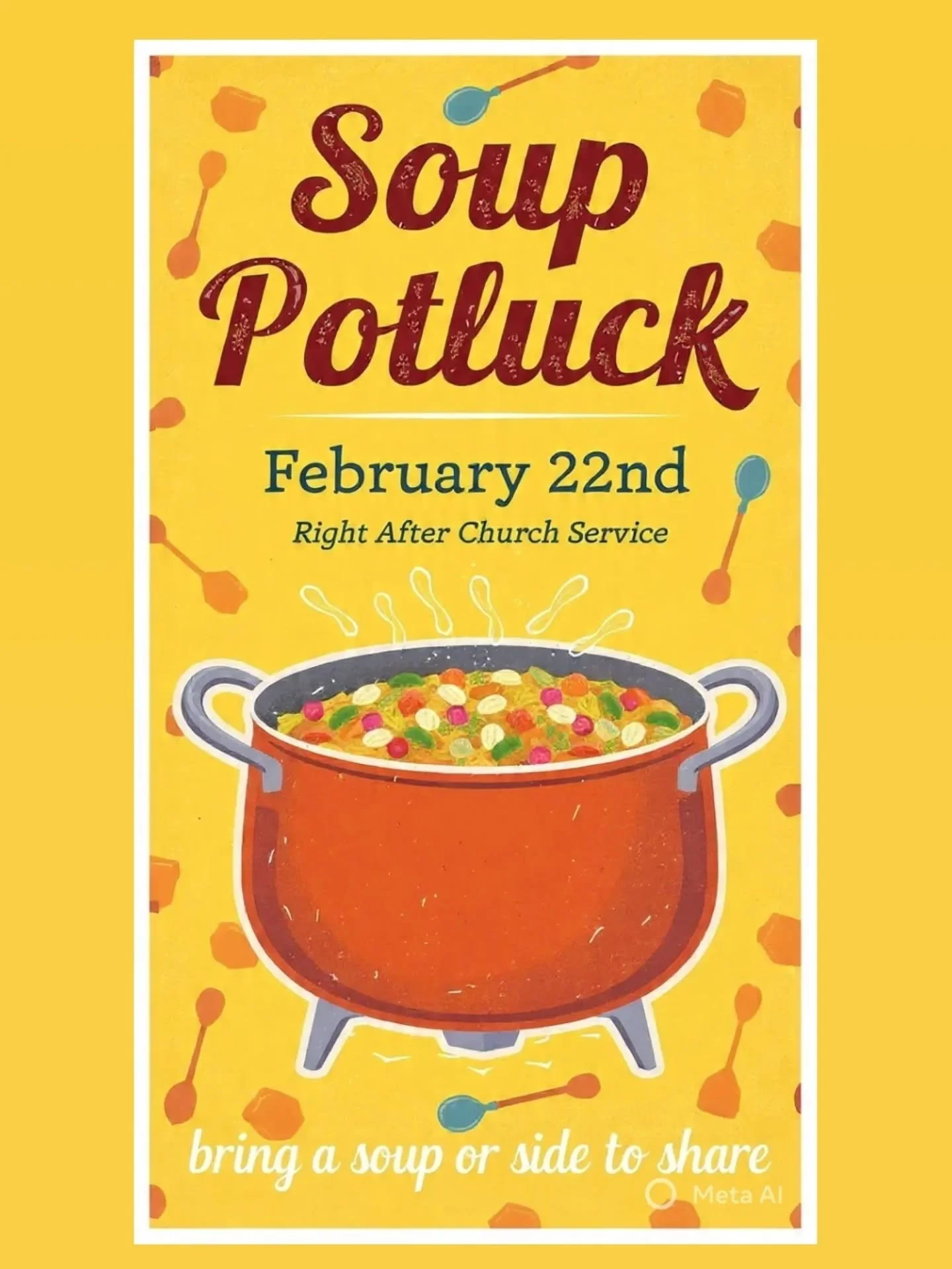 🍲✨ Church Family Potluck ✨🍞

Join us on Sunday, February 22nd, right after service for a wonderful time of food and fellowship! 

Please bring a soup or side dish to share. Liza will have a sign up sheet for everyone tomorrow at church. We can&rsqu