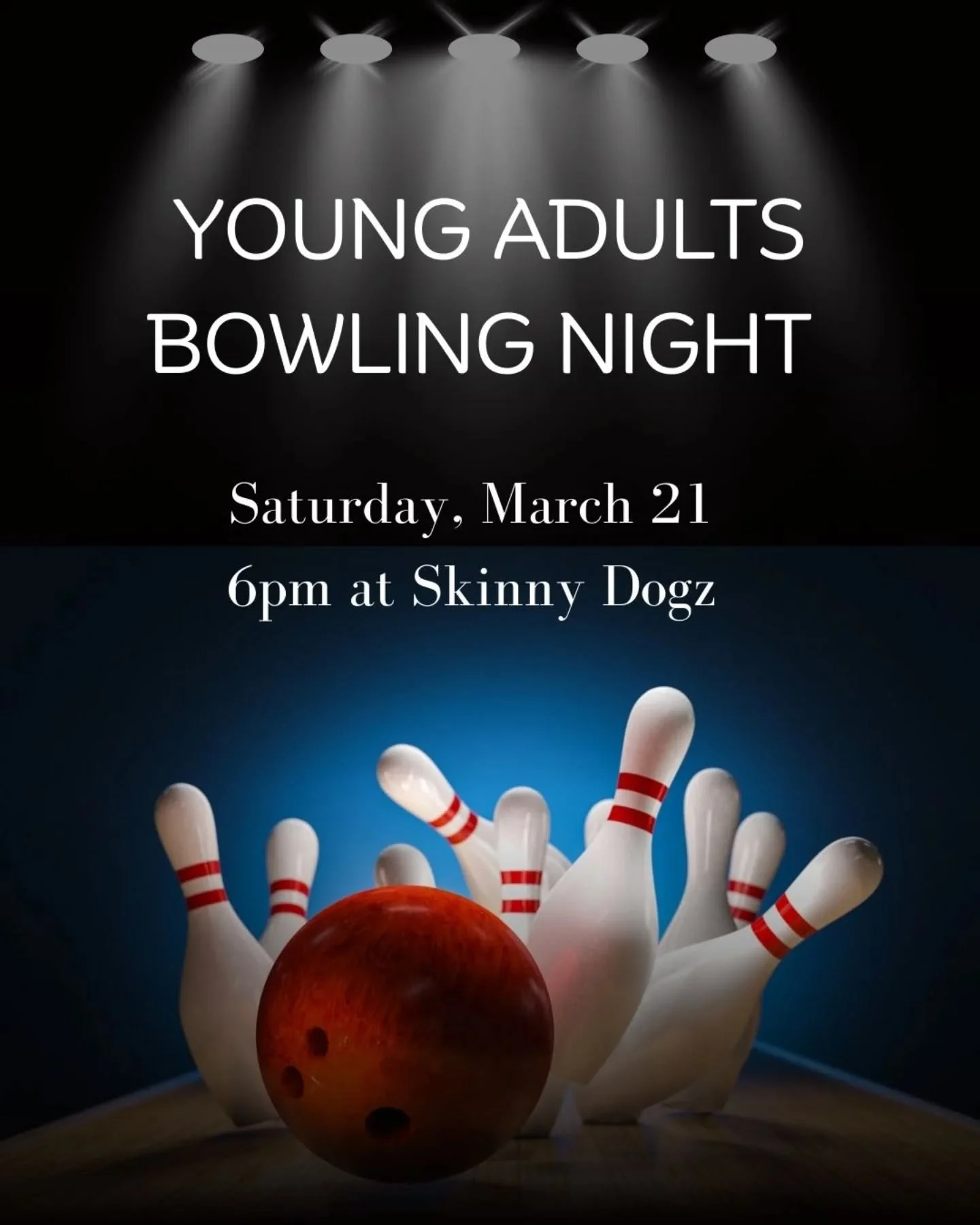 🎳 Our young adults group (ages highschool to 20's) is going bowling this Saturday, March 21 at 6pm at Skinny Dogz in Ogden. 

Make sure to RSVP to the church so we can reserve enough lanes! Bring a friend and join us for a fun night together 🙌
