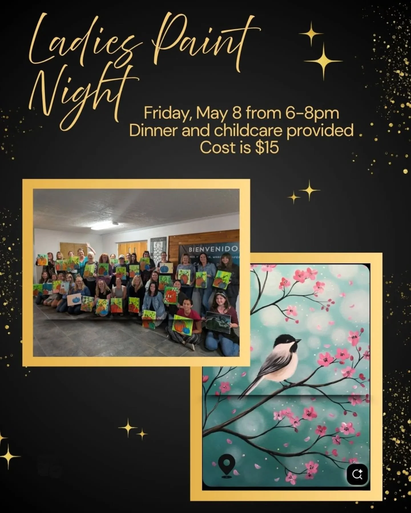 Our ladies paint night is back by popular demand! 🎨 We will be painting this lovely chicadee with cherry blossoms.

Please RSVP to Casey by April 24. There are only 30 spots available, once the event is full you will be placed on a wait-list in case