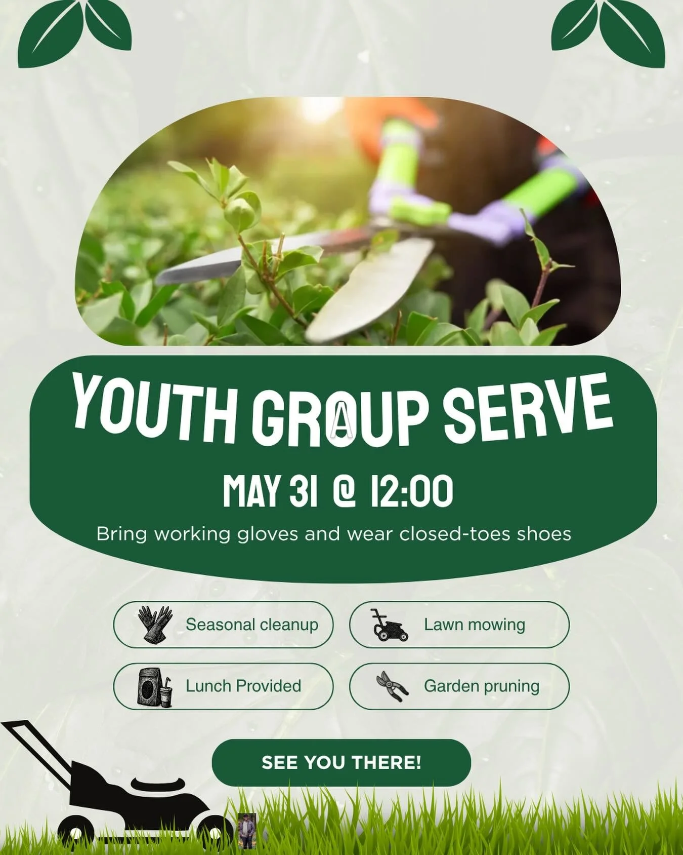 Youth serve day May 31th! Bring gloves and clothes to get dirty in! Pizza will be provided!

12pm-3pm!
