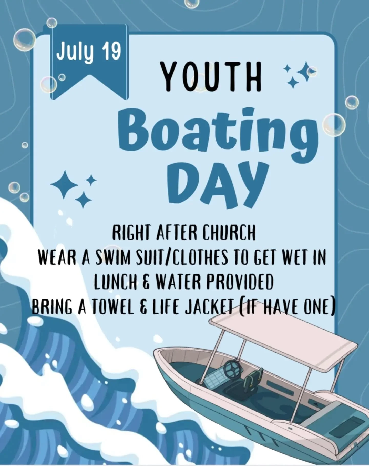 Iykyk
Hey Canyon Youth! 🌊 
Beat the heat and come boating with us THIS Sunday after church! 🚤
Bring a towel and swim suit and if you have a life jacket that would be great too. Lunch and water will be provided. 
Come hangout and bring a friend! 🙌