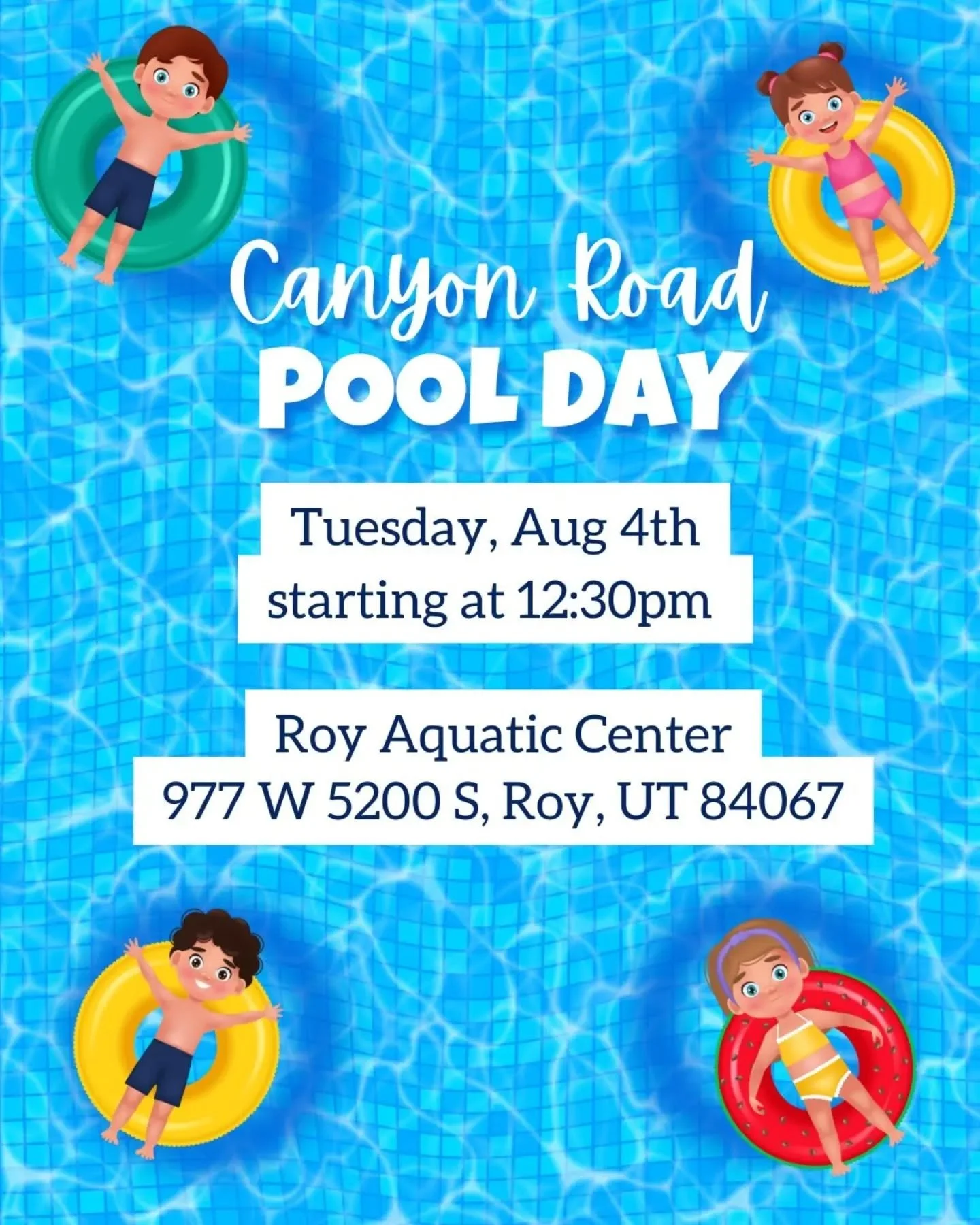 🌊 Canyon Road Pool Day at Roy Aquatic Center 🏊

Join us on Tuesday, August 4th starting at 12:30pm.  Admission and snacks provided by Canyon Road Church. Come and have fun with the whole family! 😊 

When you arrive at the aquatic center proceed di