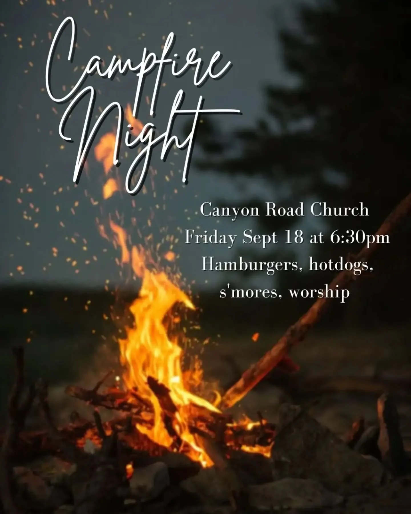 🔥 Family Campfire Night 🌭 

This Friday, September 18 at 6:30pm. Join us for hamburgers, hotdogs, s'mores, and worship around the fire!
