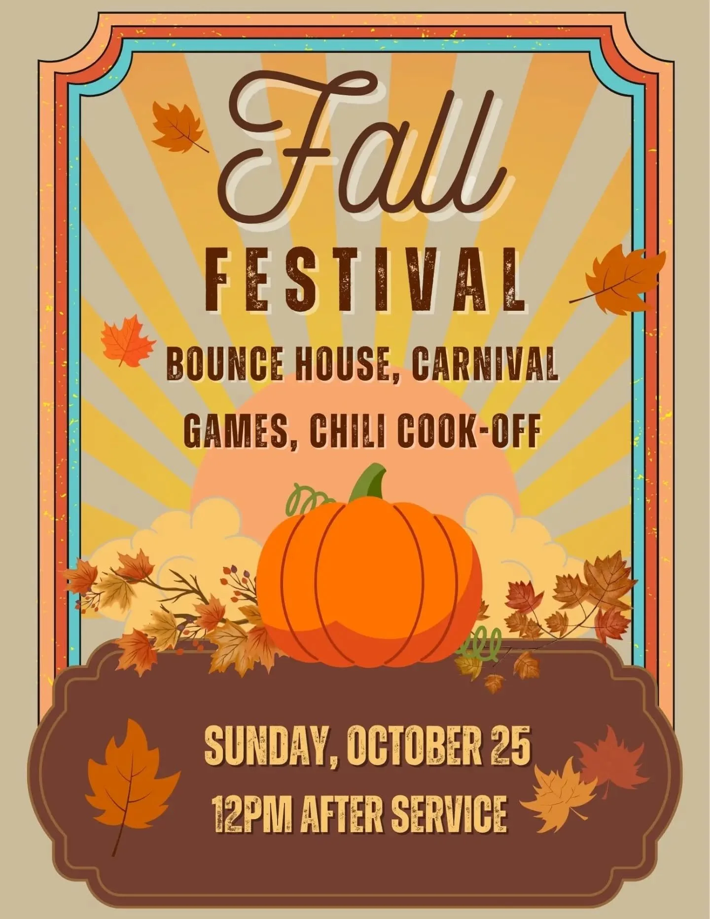 🍁 Our annual Fall Festival will be on Sunday, October 25th after service at 12pm! We will have a bounce house, carnival games, and a chili cook-off. 🍲 Invite a friend and join us for a day of family friendly fun! 🍂