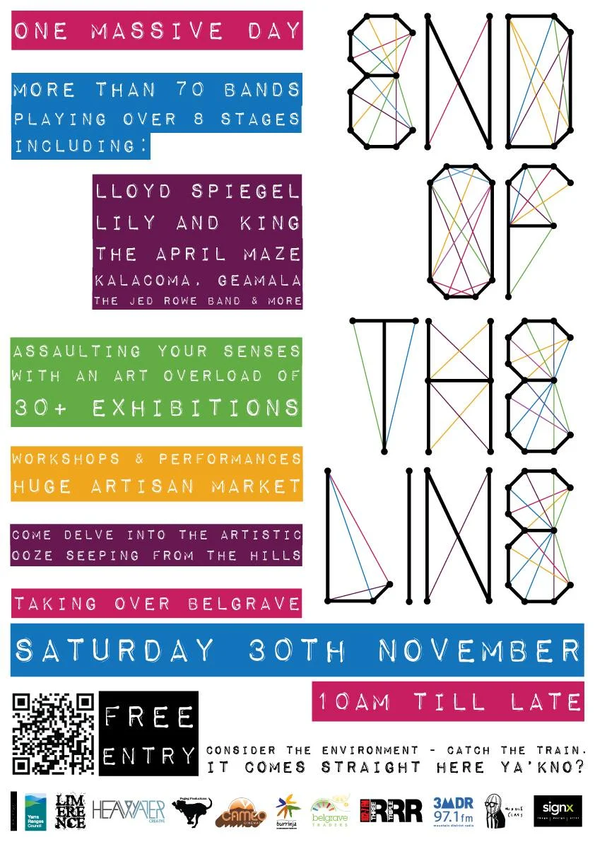 End of the Line festival ran in 2012, 2013 & 2015. It was initially conceived by Brent Dakis (Runaway Graphics), CJ Baxter (Twisted Fig) & Joshua Collings (Peg Leg Productions). The 2013 and 2015 End of the Line Festivals saw Kathleen Snowball join the core organiser team. Runaway Graphics had the excitement and privilege of inventing, cultivating and refining the entire End of the Line identity. This included original logo design, website design, program design and production, photography & promotions, print material, online advertising and marketing, social media platforms, media releases, campaign packages, sponsorship packages, participant material, and festival merchandise. This was an enormous volunteer undertaking and over the course of 4 years involved over 1200 hours work for the benefit of The Dandenong Ranges community, its artists and its musicians. A live version of the 2015 official program is still available to view online here .