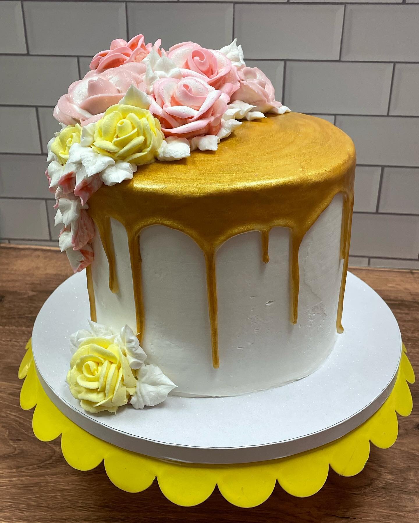 Gold drip 3 layer 6 inch cake with buttercream flowers #downtownkennesaw