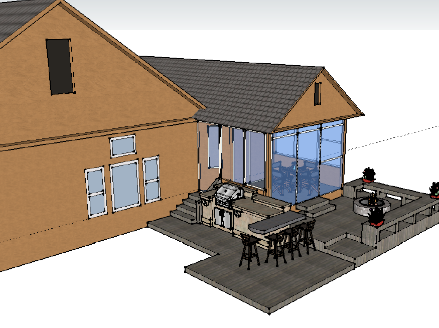  Custom new deck design, with built-in BBQ, bar, and fire pit areas. Sketchup. 