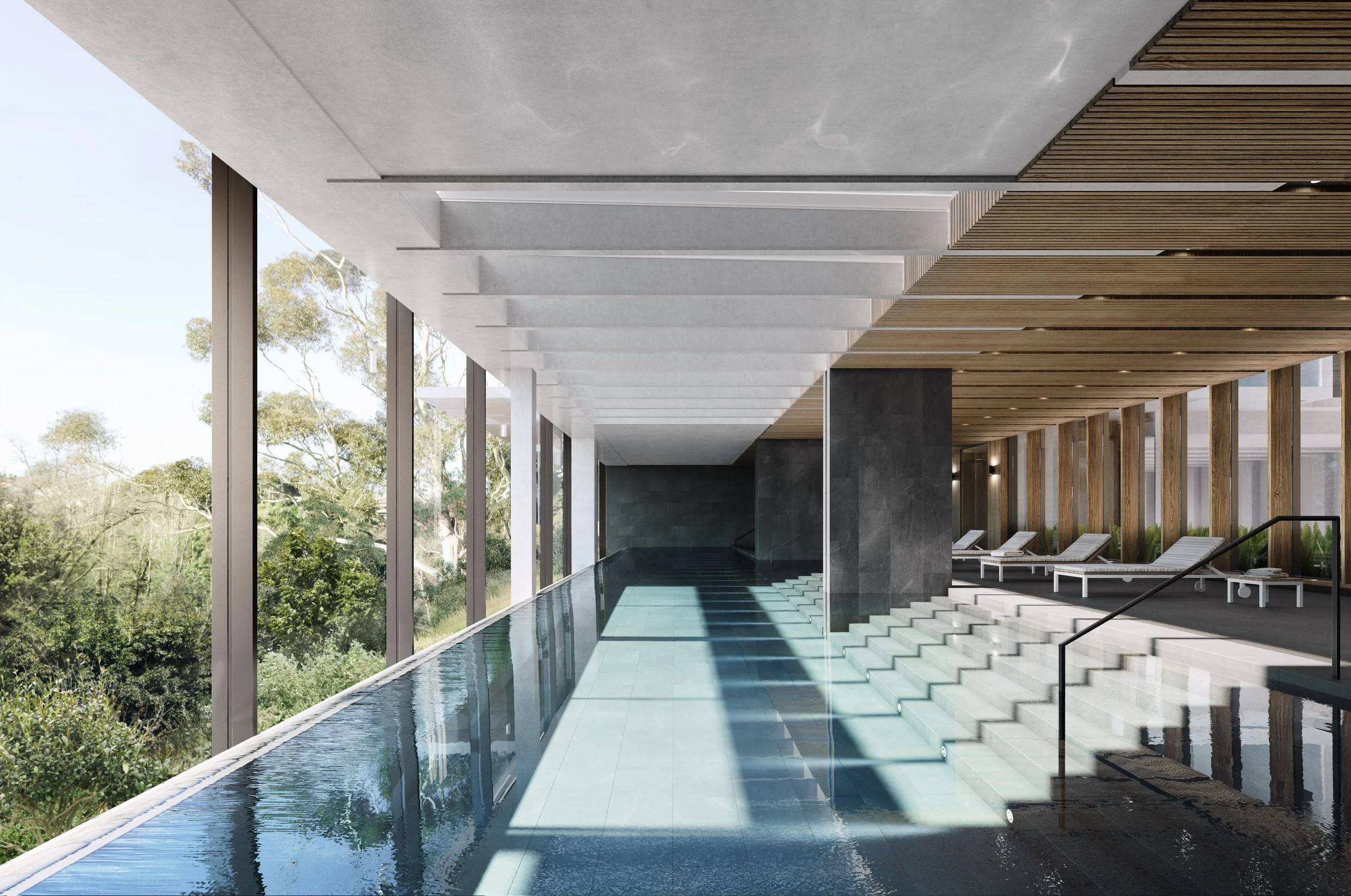Walmer Apartments indoor pool render with timber ceiling and spa seating