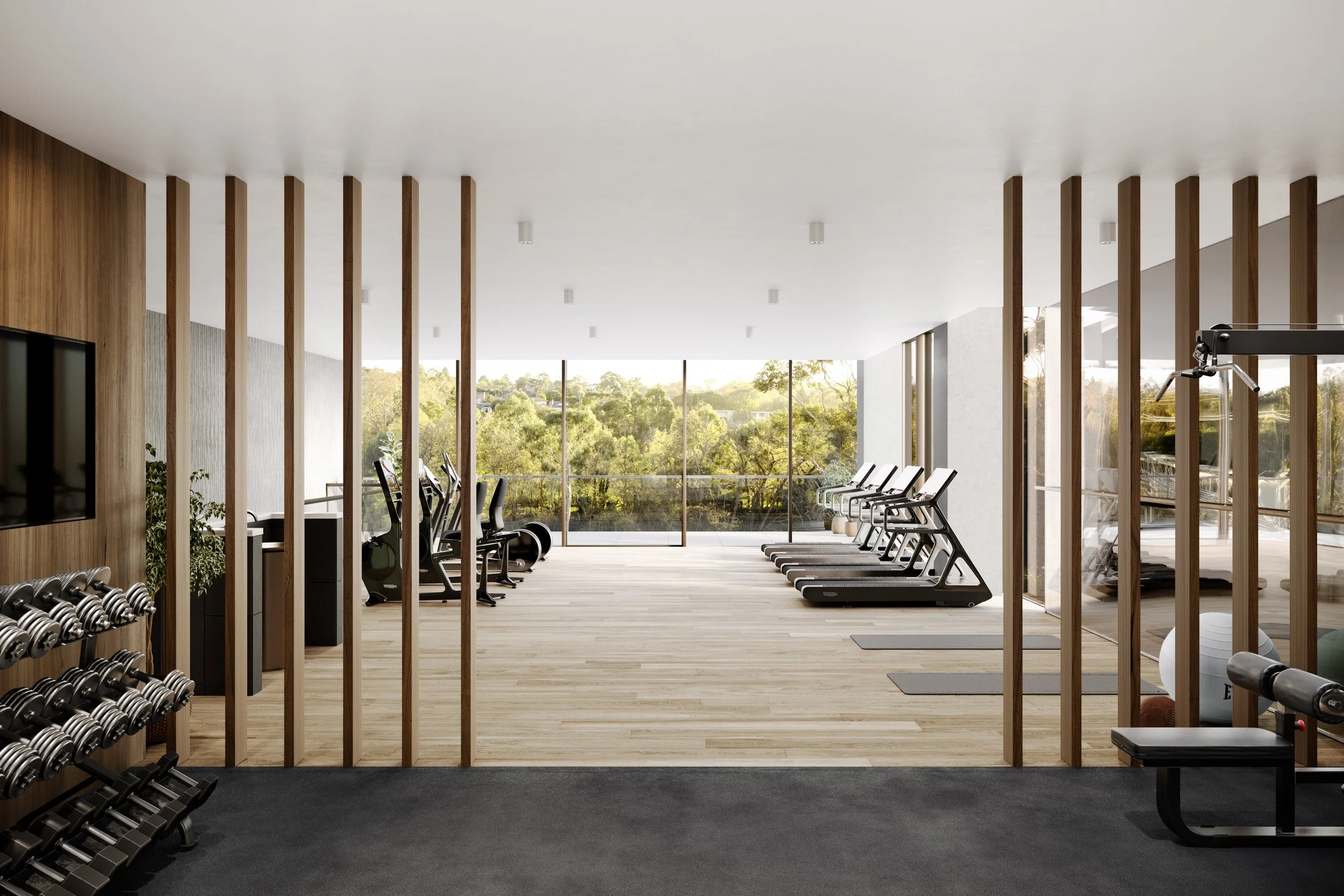 Walmer Apartments gym render with timber baton walls
