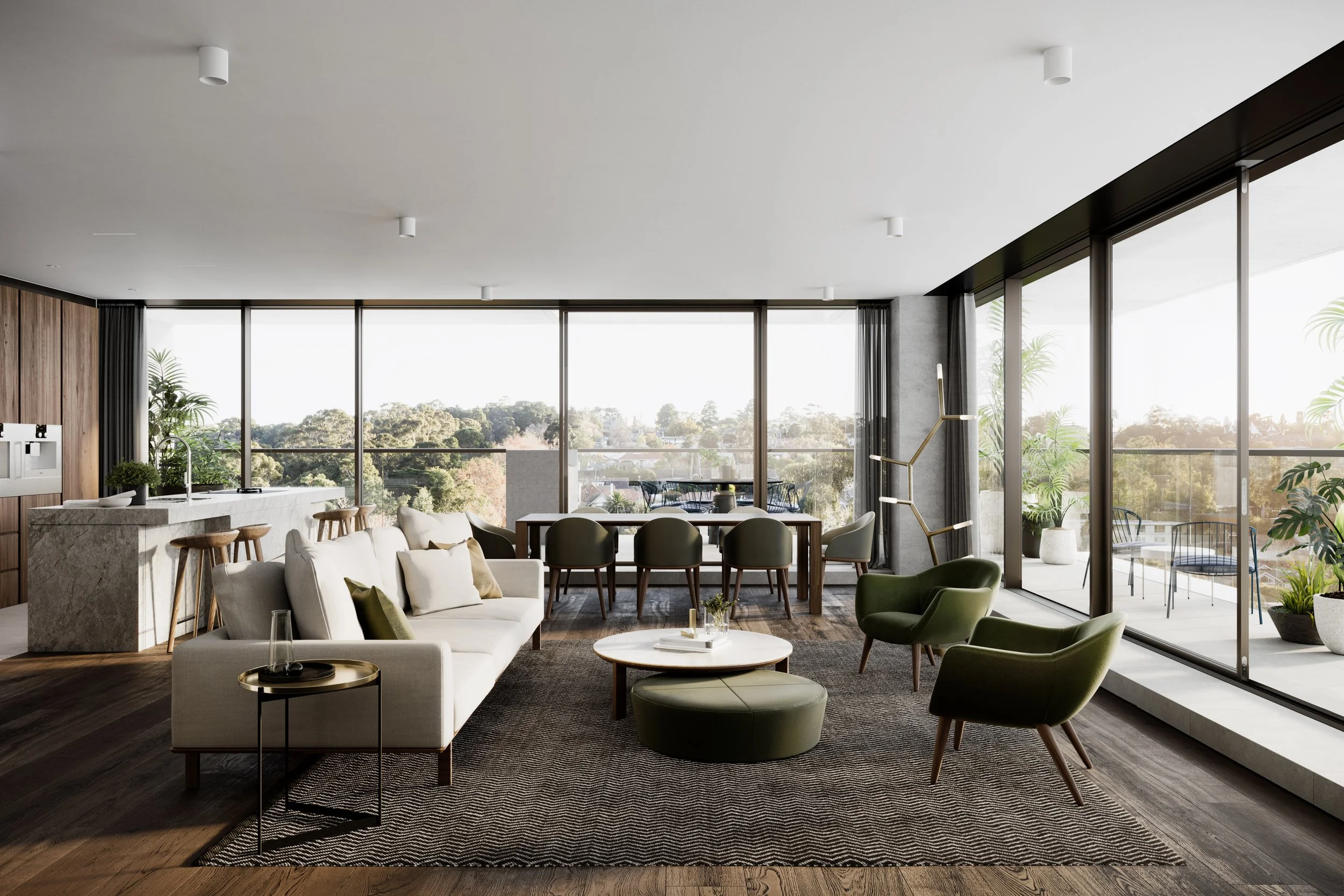 Walmer Apartments three bedroom living room render with terrace views