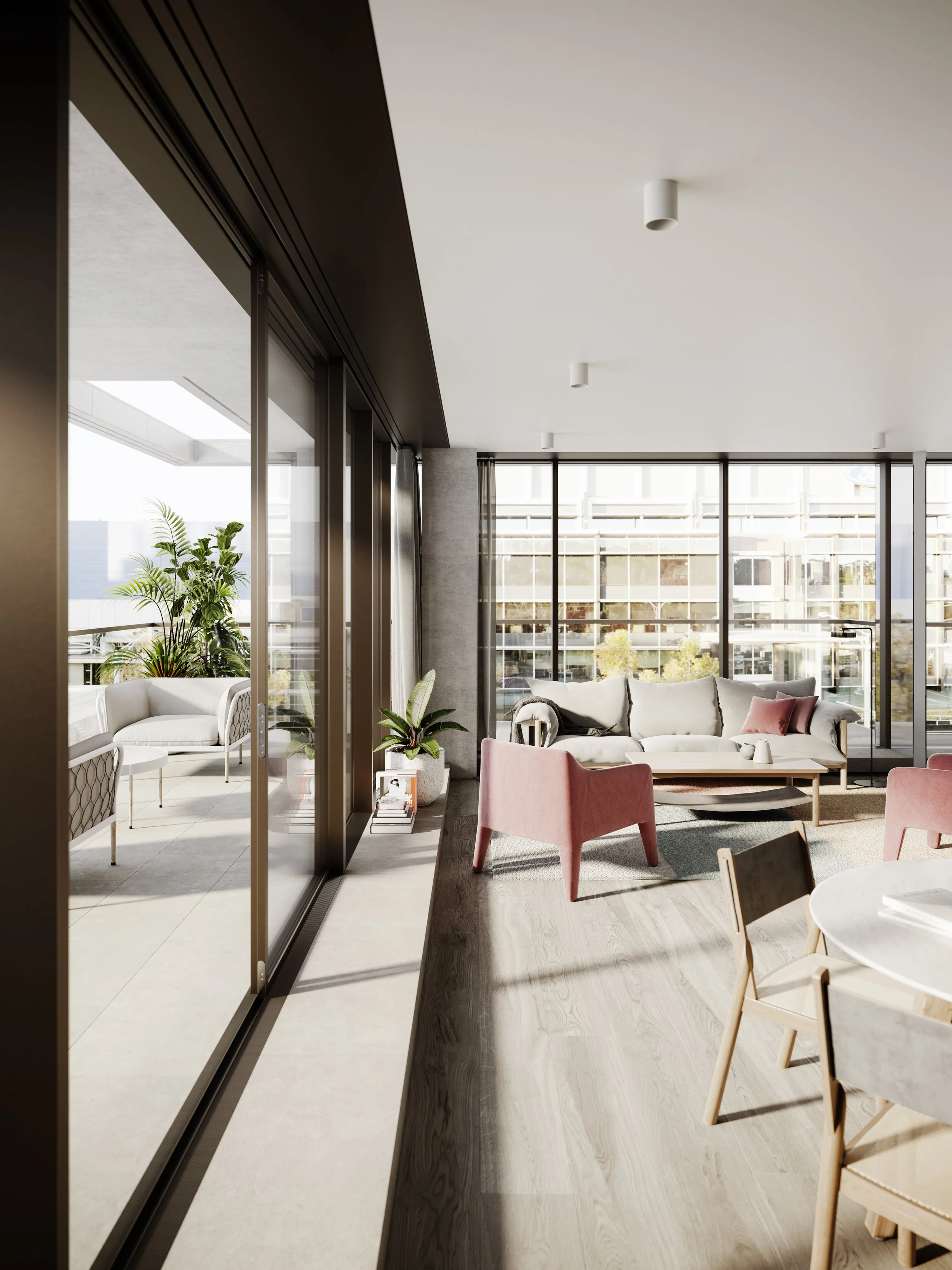 Walmer Apartments one bedroom living room render with terrace views