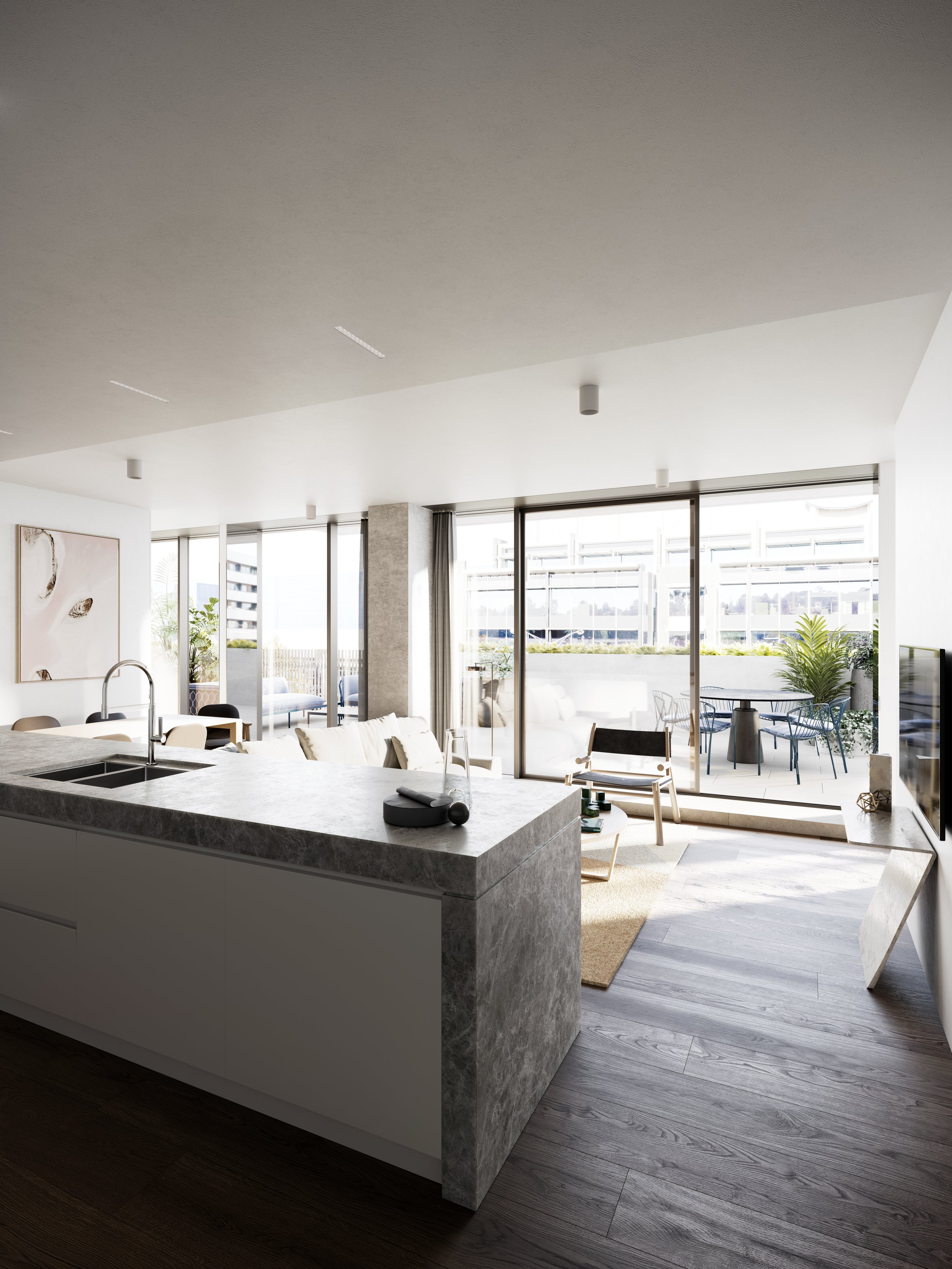 Walmer Apartments two bedroom living room render with terrace views