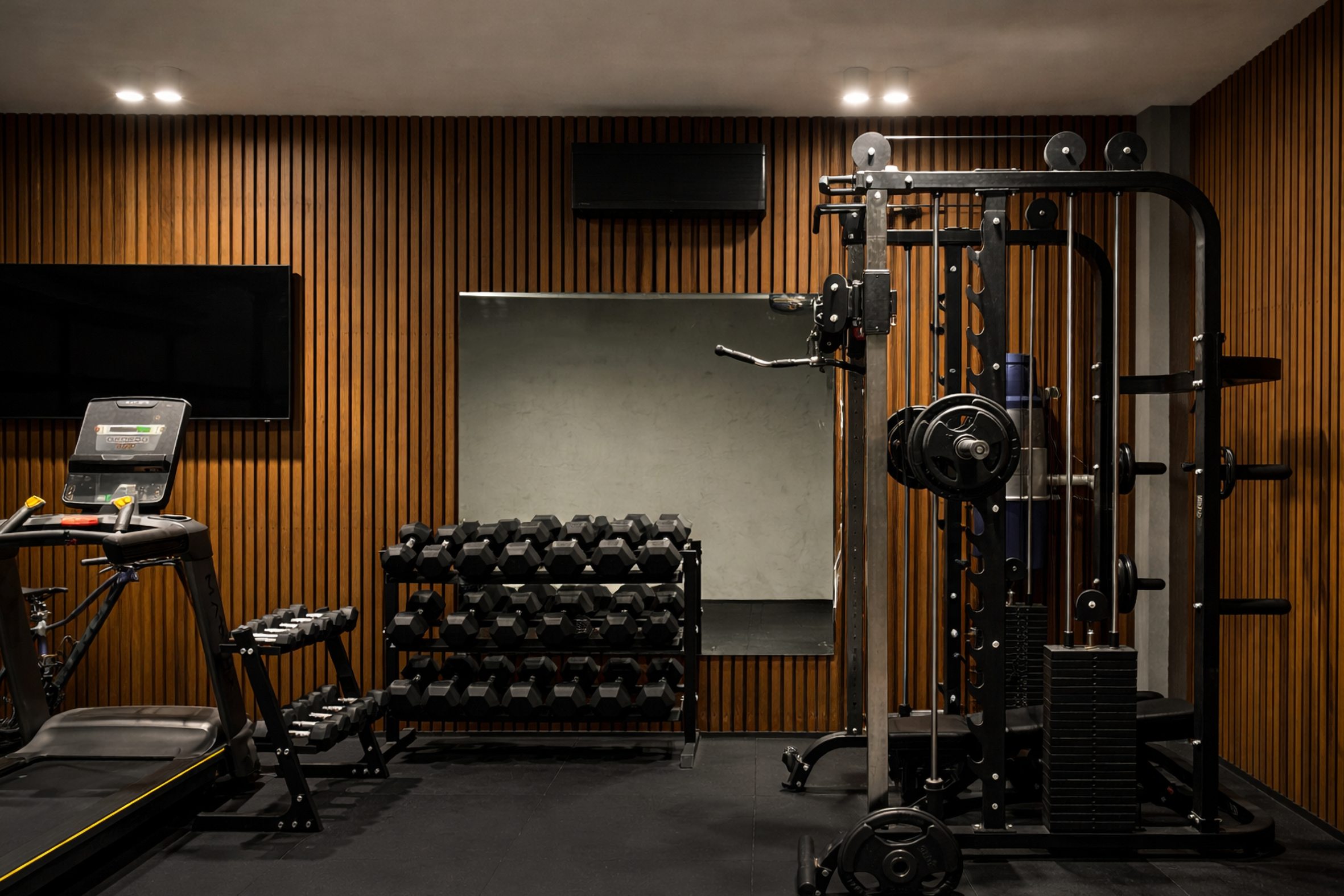 Modern home gym with timber batten wall and black gym equipment