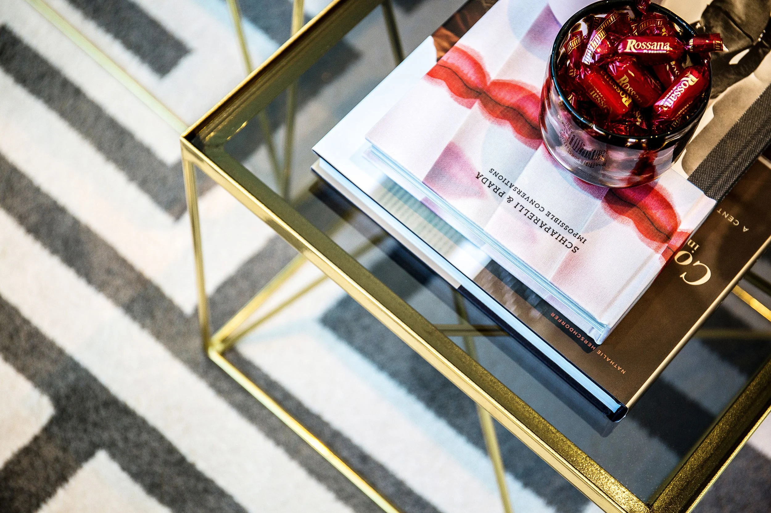 Lounge coffee table styling detail in apartment 1057 at Forge Docklands.