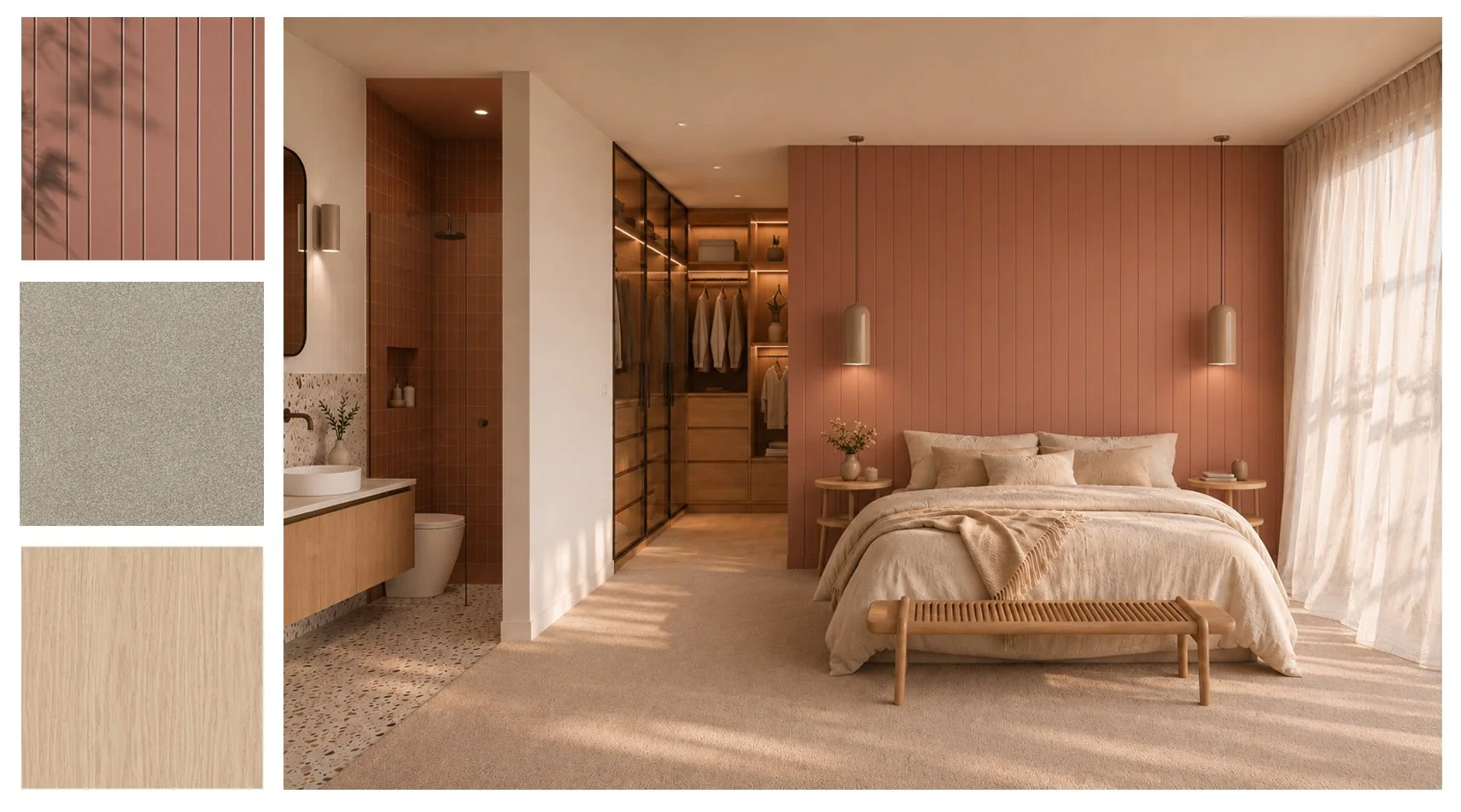 Artist impression of a contemporary master bedroom design in Bairnsdale featuring a terracotta panelled bedhead wall, warm timber finishes, soft natural bedding and an integrated ensuite and walk-in robe