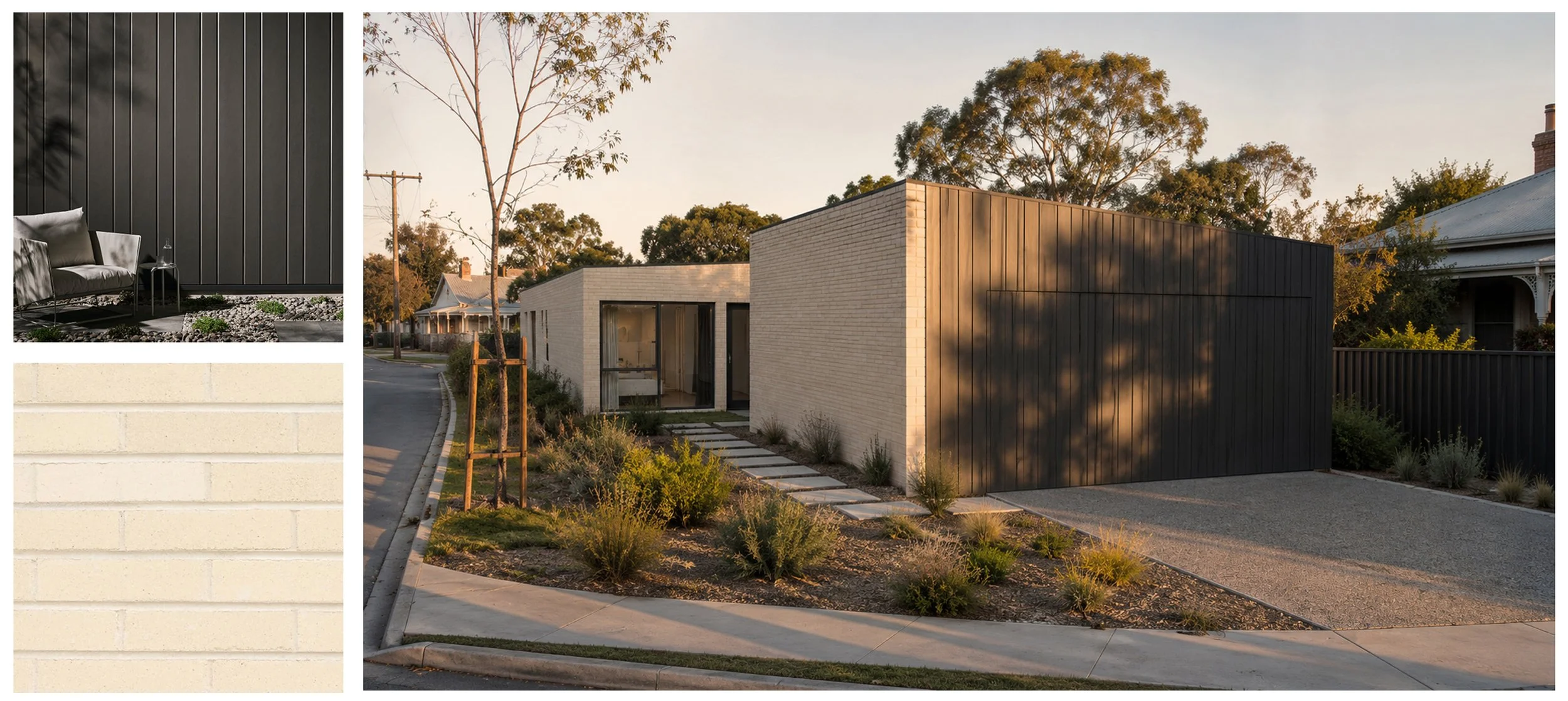 Artist impression of a contemporary Bairnsdale home exterior with curated material mood board featuring brick, timber, terrazzo and architectural finishes