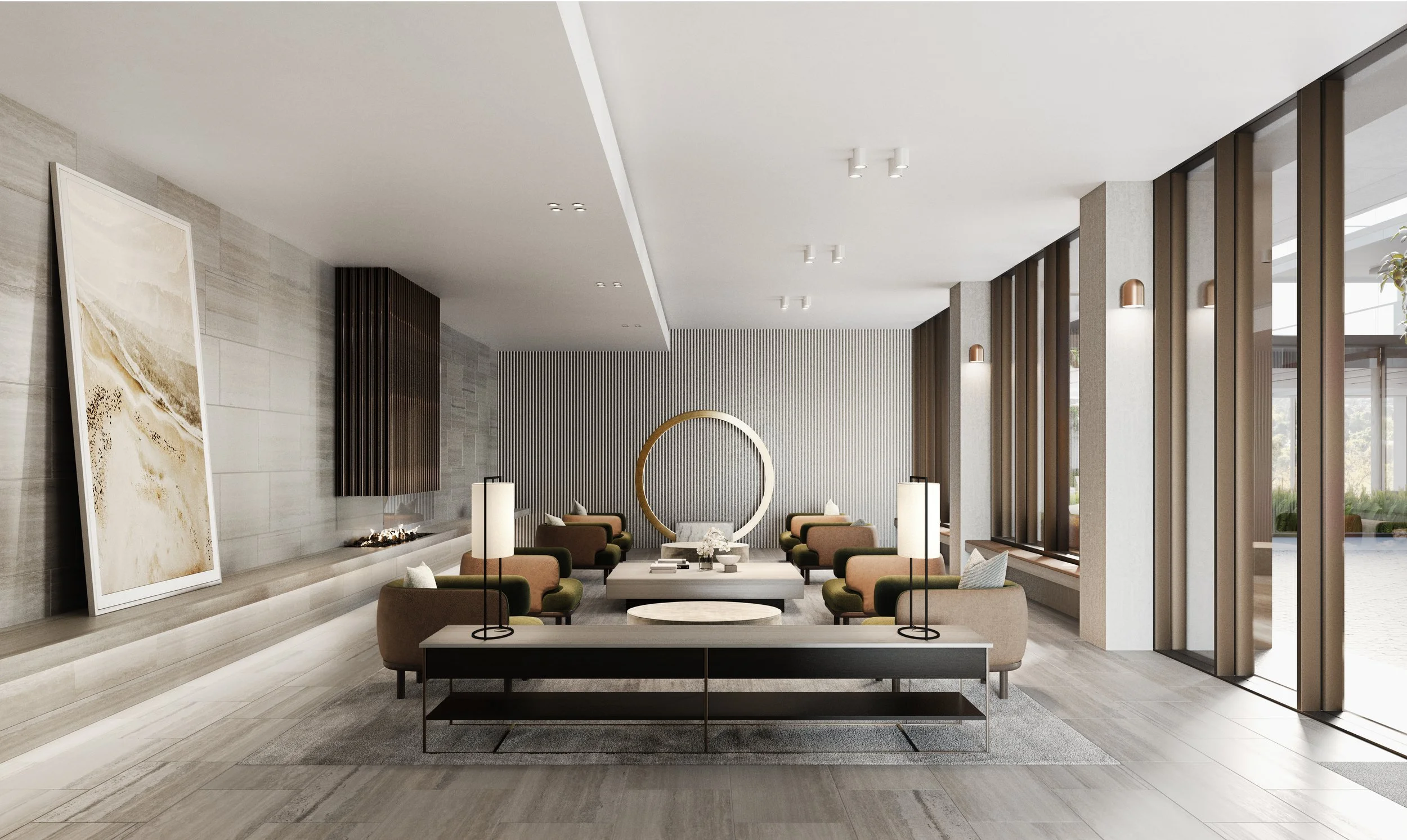 Walmer Apartments building lobby render with stone walls and fireplace