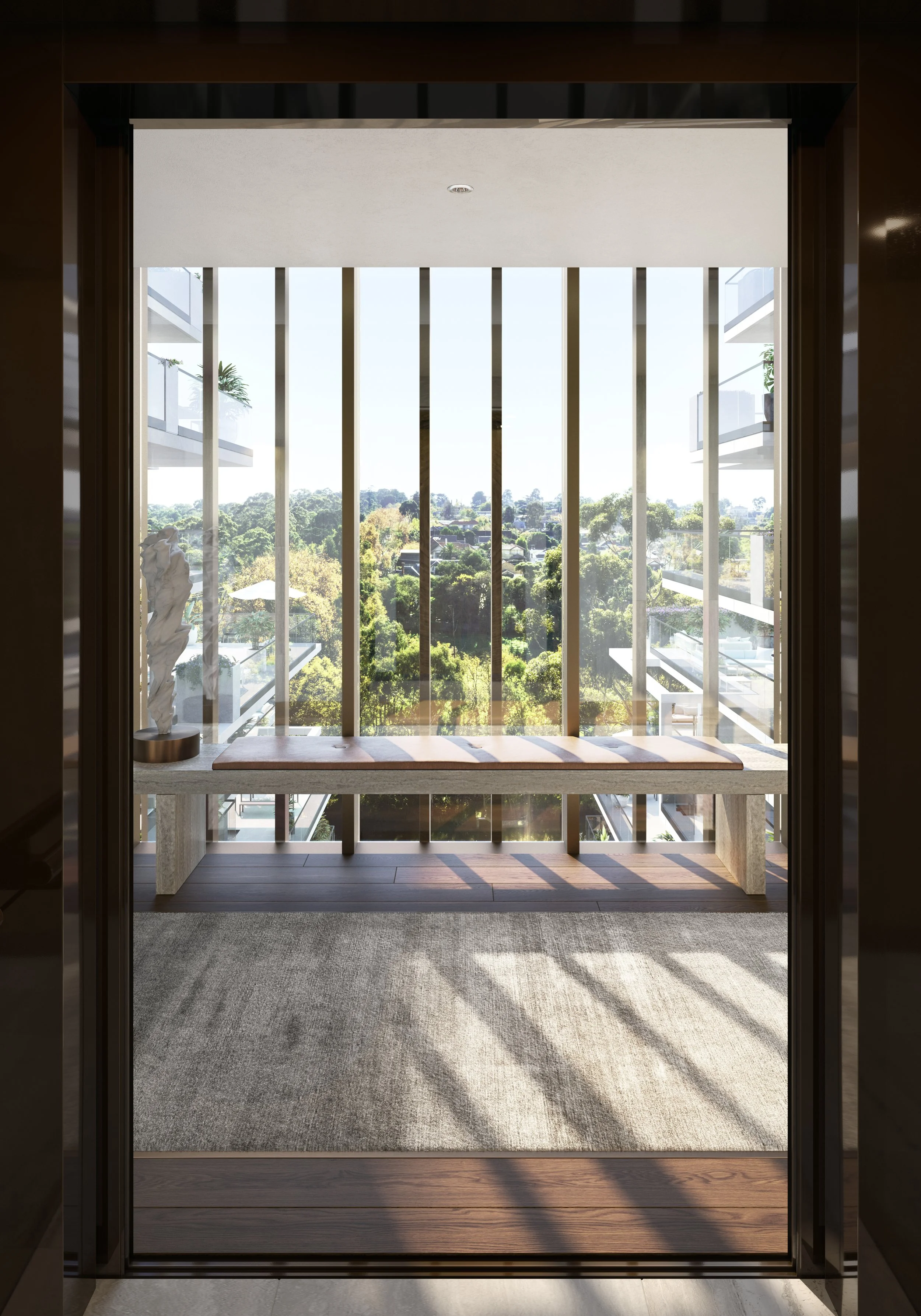 Walmer Apartments lift lobby render with views and seating
