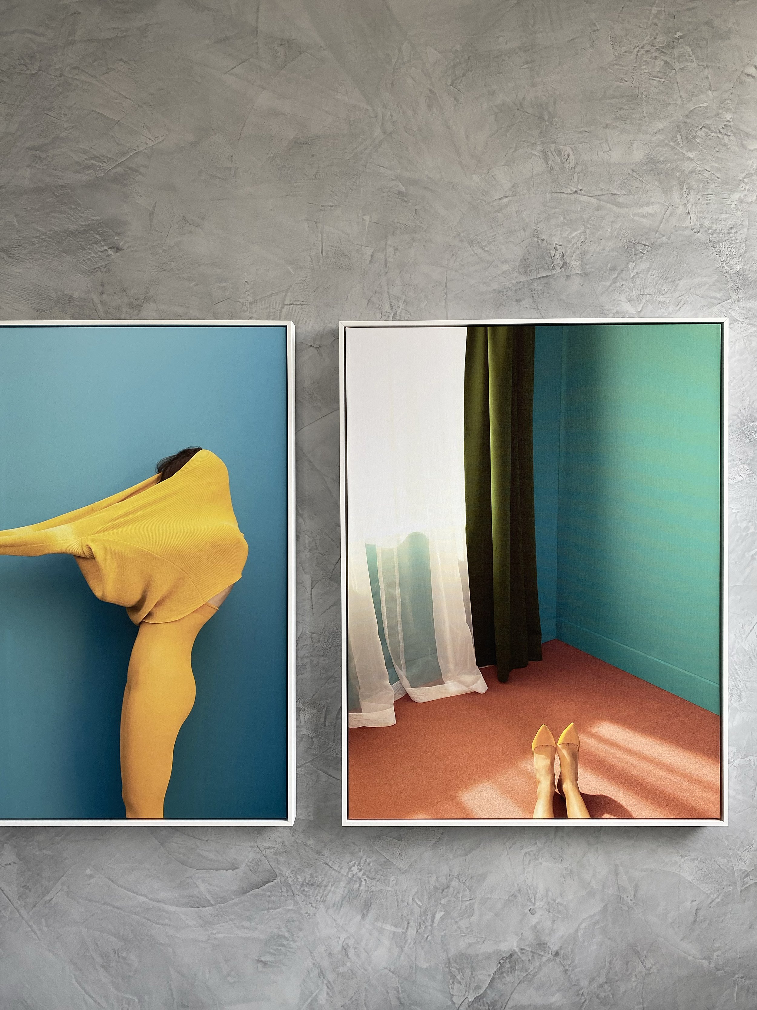 Textured plaster feature wall with modern photographic artwork