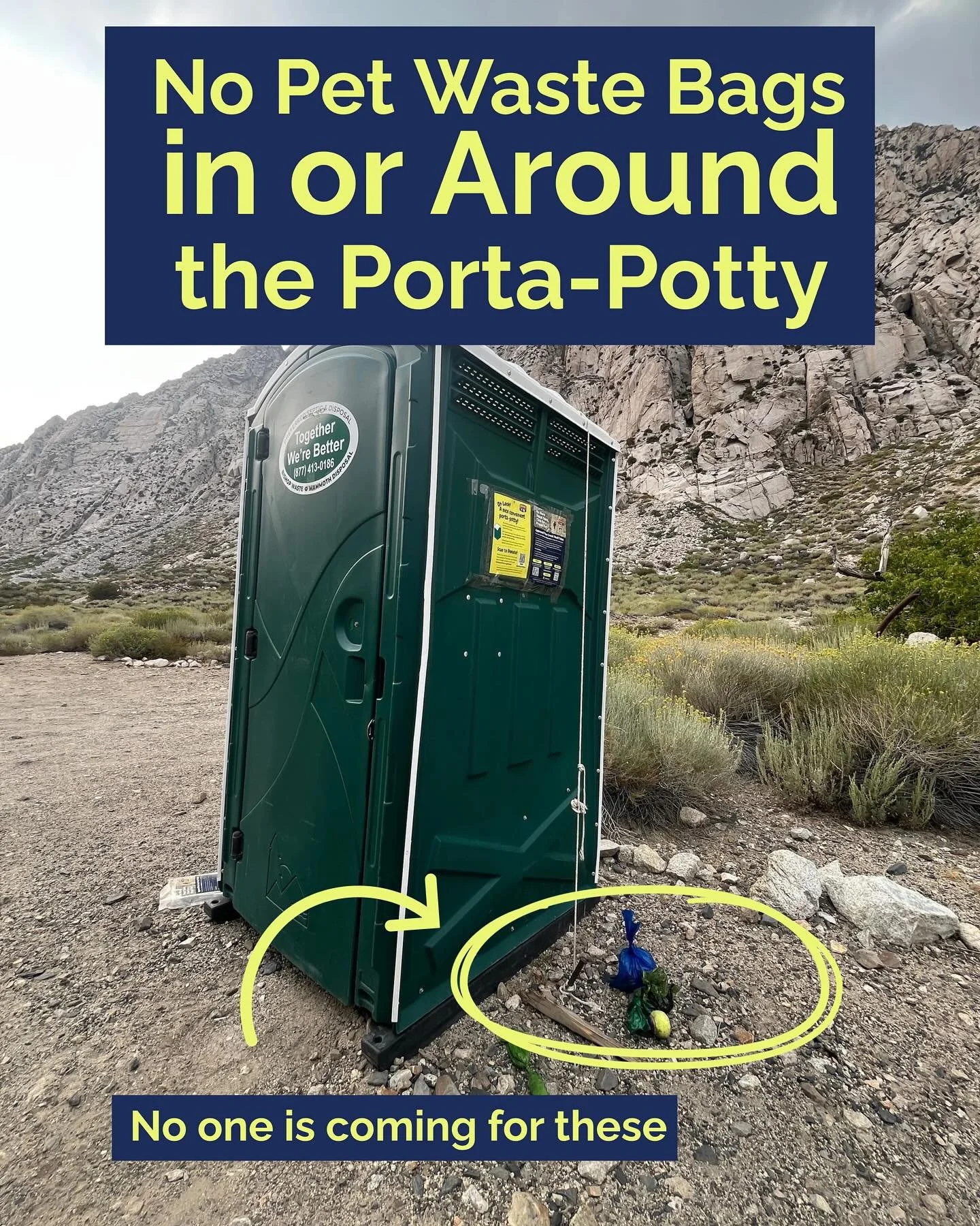 🚫🐾 Friendly Reminder: No Pet Waste Bags in or Around the Porta-Potty!

We&rsquo;ve noticed a growing pile of pet waste bags next to the Pine Creek porta-potty. This is a problem and may jeopardize the approval for the temporary porta-potty from the