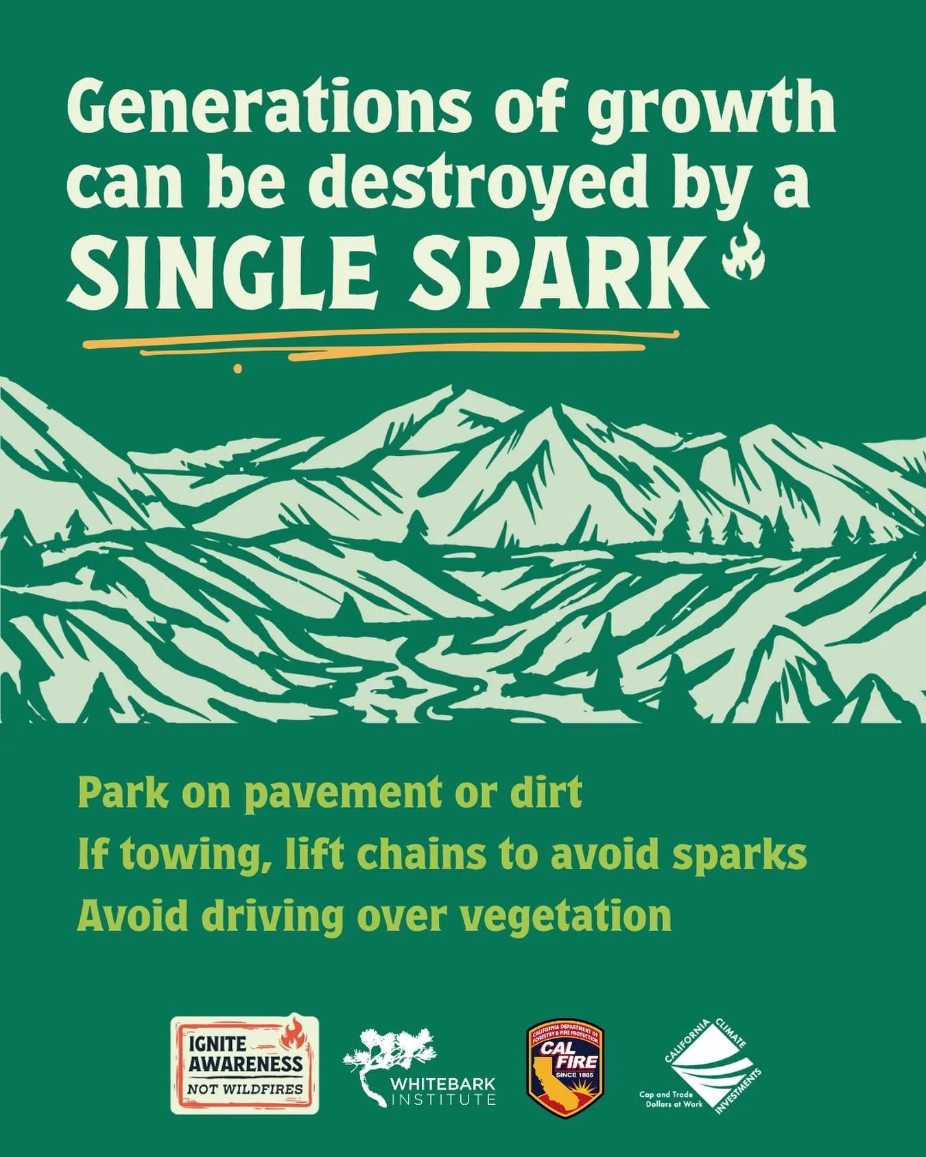 Generations of growth can be destroyed by a single spark. 🔥
Driving or parking on vegetation might seem harmless, but it can devastate the landscape. 🚗🌿 And it&rsquo;s not just tailpipes. Dragging chains, worn brakes, or even a loose trailer hitch