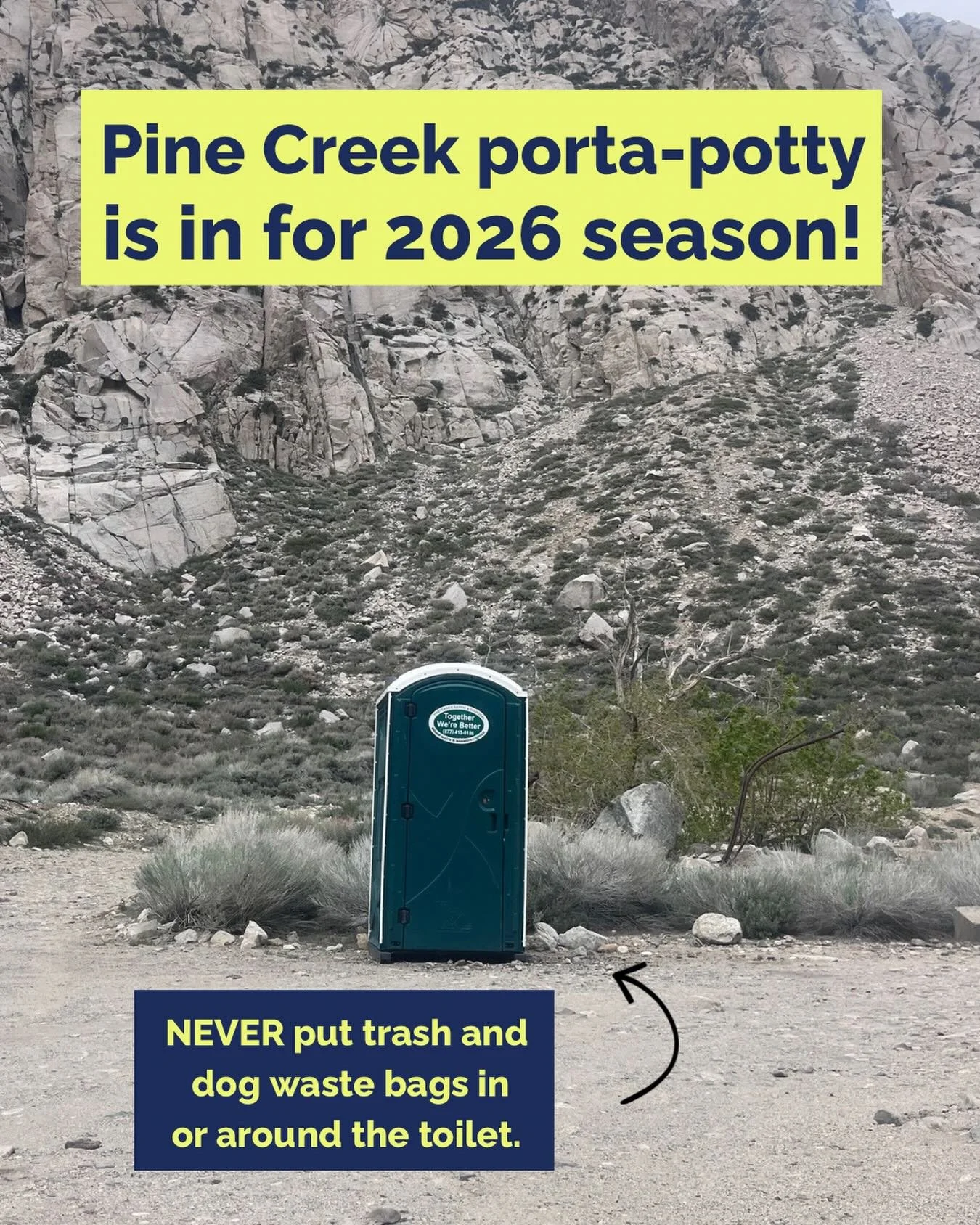 No jokes here today- The Pine Creek porta-potty is officially in place at Scheelite Canyon for the 2026 season 🥳

Due to the lack of winter conditions (and already high use), it&rsquo;s in a full month early. A huge thank you to @patagonia_climb for