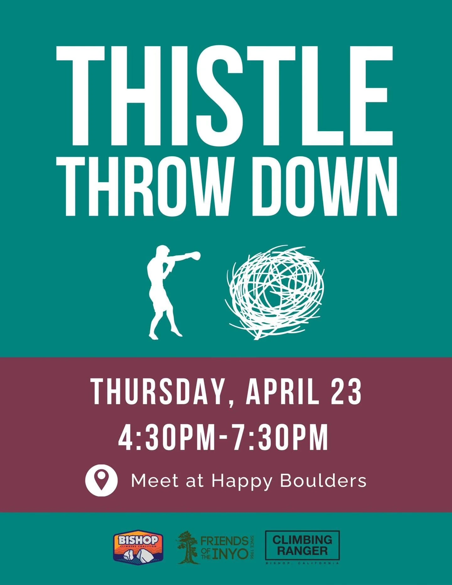 Thistle Throw Down is back! 
📅 Thursday April 23
🕑 4:30-7:30pm
📍Hapoy Boulders

Russian thistle is a highly invasive weed. By pulling it in the spring while it&rsquo;s still sprouting, we can reduce the spread of giant thorny tumbleweeds in the fa