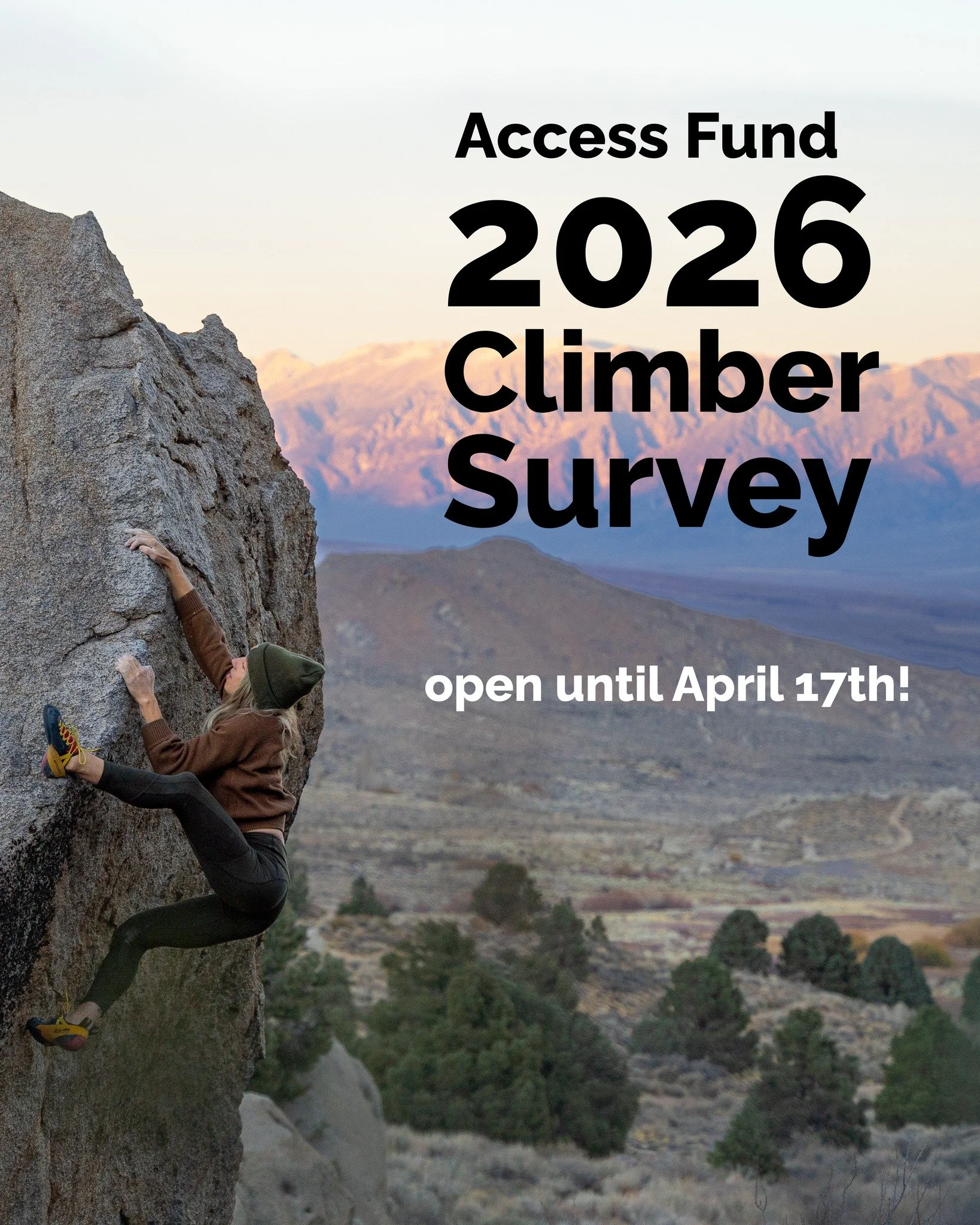 Hey you. Yes you!

Access Fund is asking climbers everywhere to tell us what they truly care about. Your answers will help shape the future of climbing conservation. You know, the future of the places you'll happily drive three hours to, just to get 