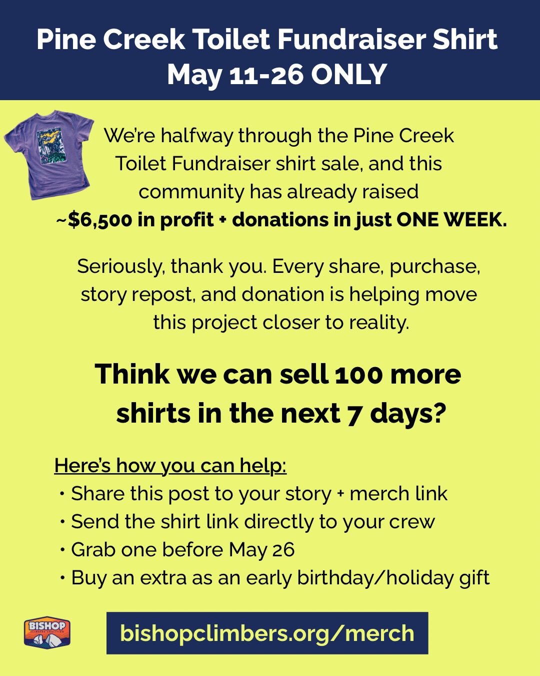 Halfway through our Pine Creek Toilet Fundraiser and we&rsquo;ve already raised over $6,500! 

Think we can sell 100 more shirts in the next 7 days? 

How YOU can help:
&bull;share this post on your story + merch link 
&bull;send the shirt link to yo