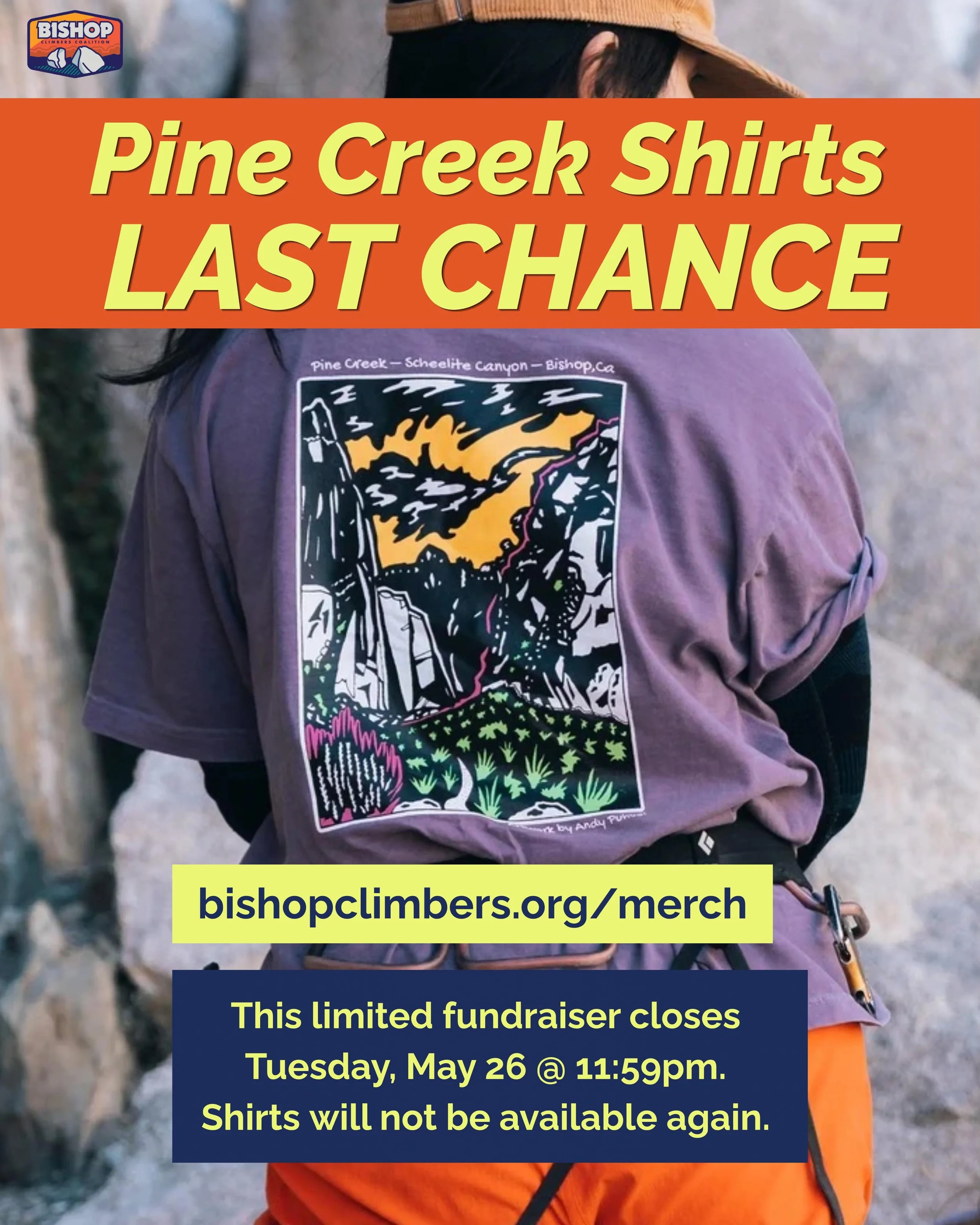 ⌛️ LAST CHANCE ⌛️
This LIMITED Pine Creek Shirt Fundraiser closes Tuesday May 26 @ 11:59pm. These shirts will not be available again. 

Every donation supports the permanent toilet project in Pine Creek Canyon.

🛍️ $40 local pick-up (June 19th, @mou