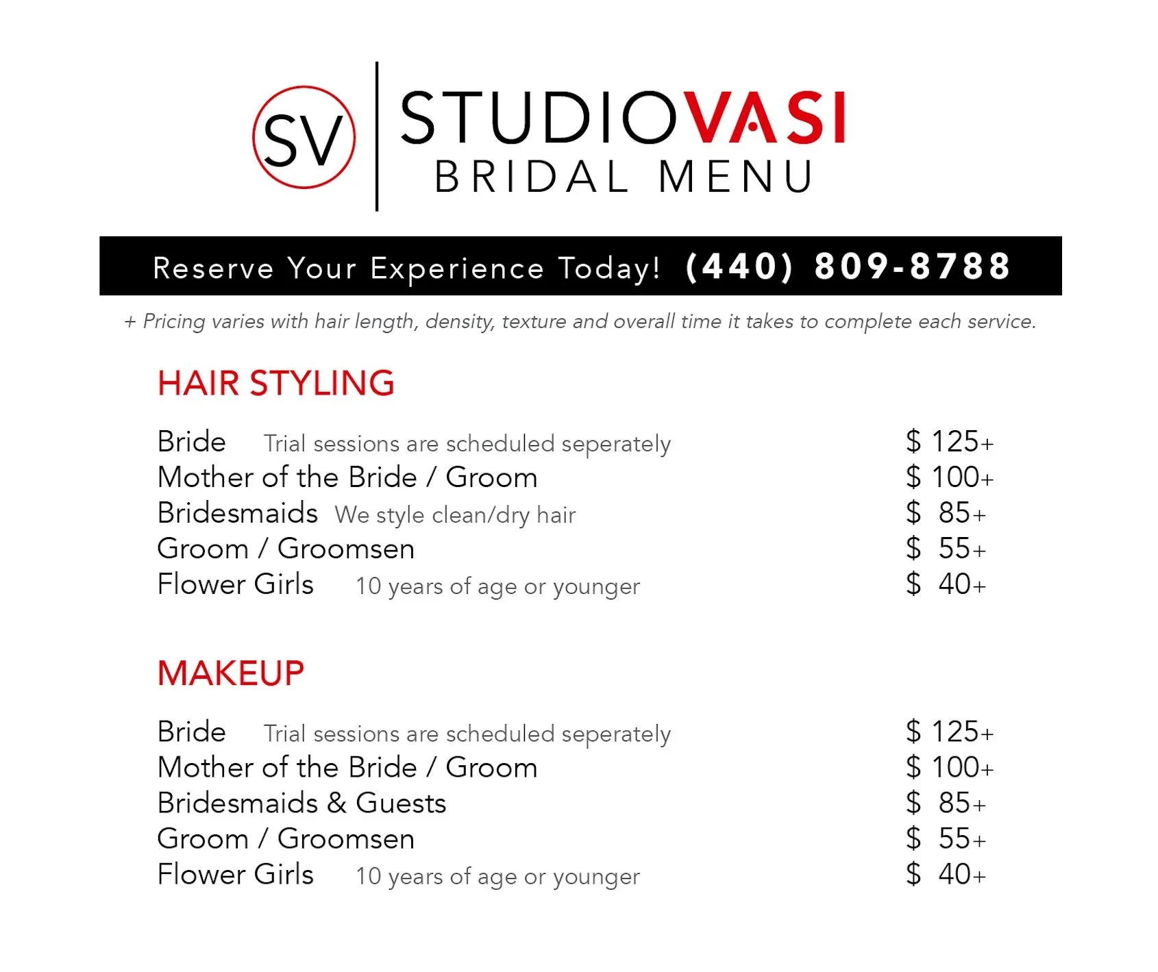 Bridal salon hair styling and makeup service menu with pricing details, logo, and contact number.