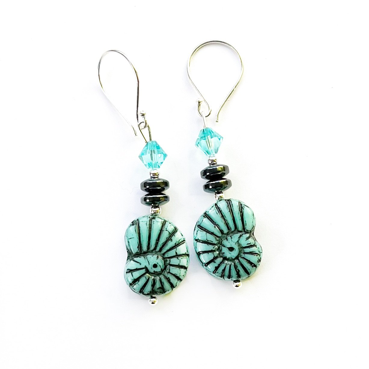 Handmade Sterling Silver Glass shell blue Earrings That Girl In Green