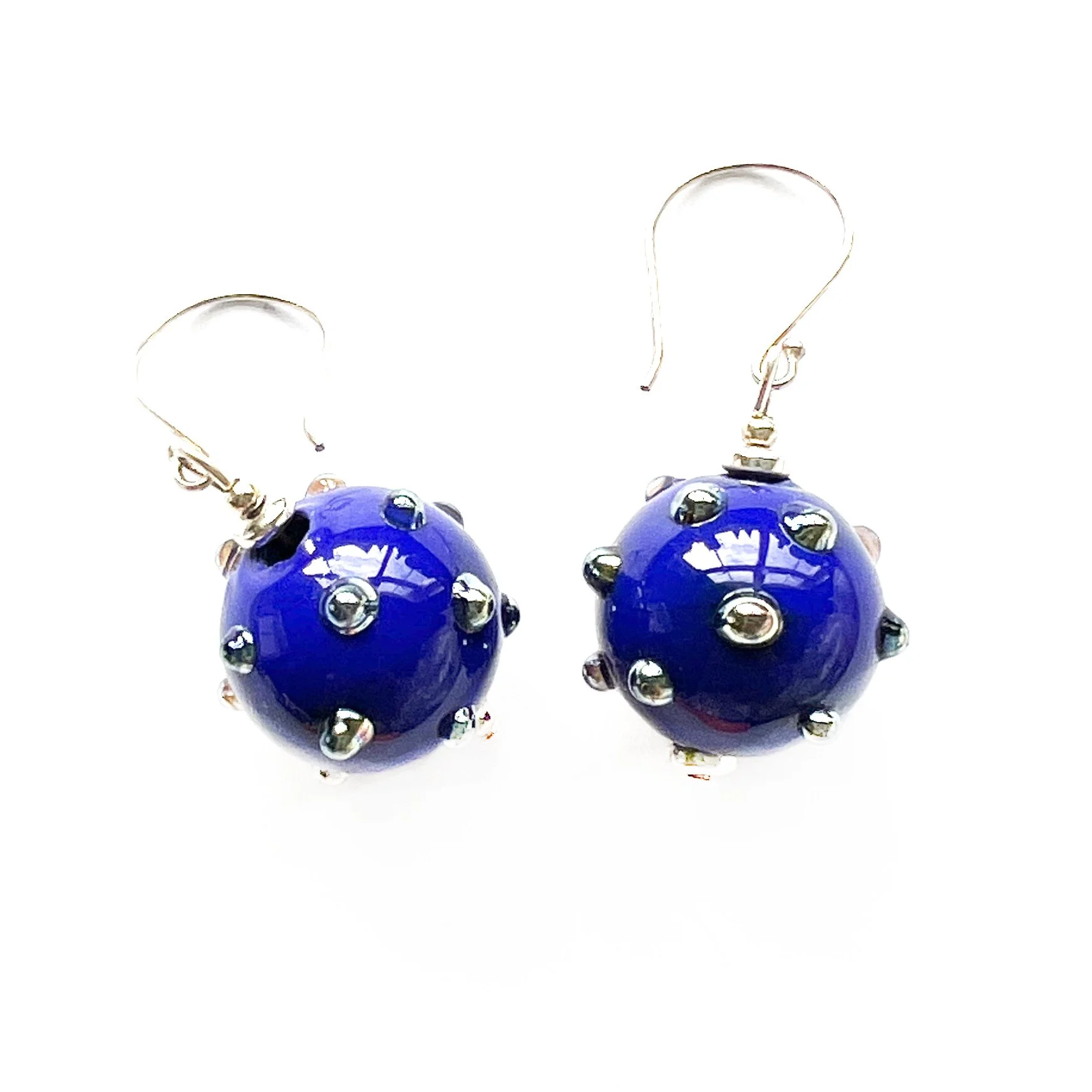 Handmade Blown Glass Spotty Earrings In Indigo