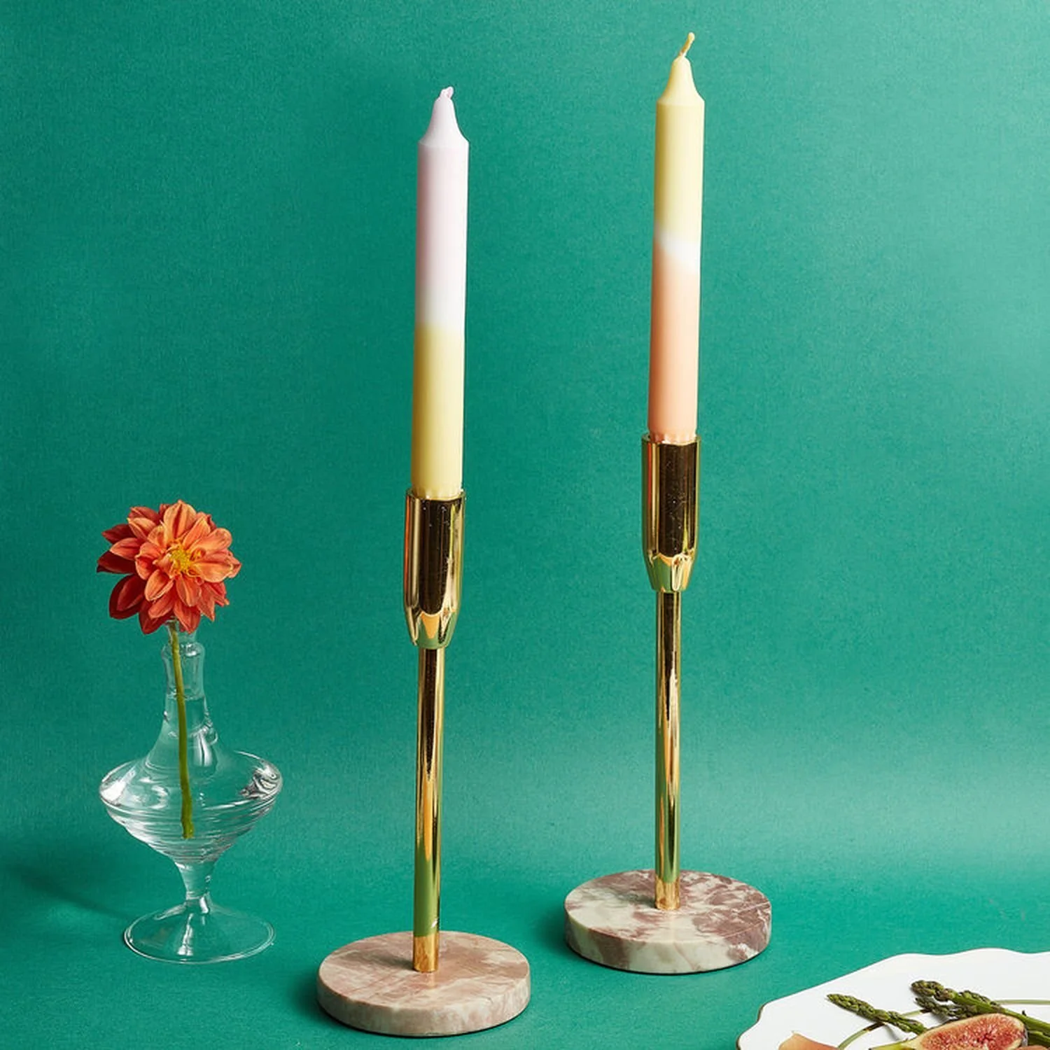 3. PEACOCK &amp; CO Brass Candle Holder With Pink Marble Base €33 with Tall Dinner Candle €3.50 Each (was €5