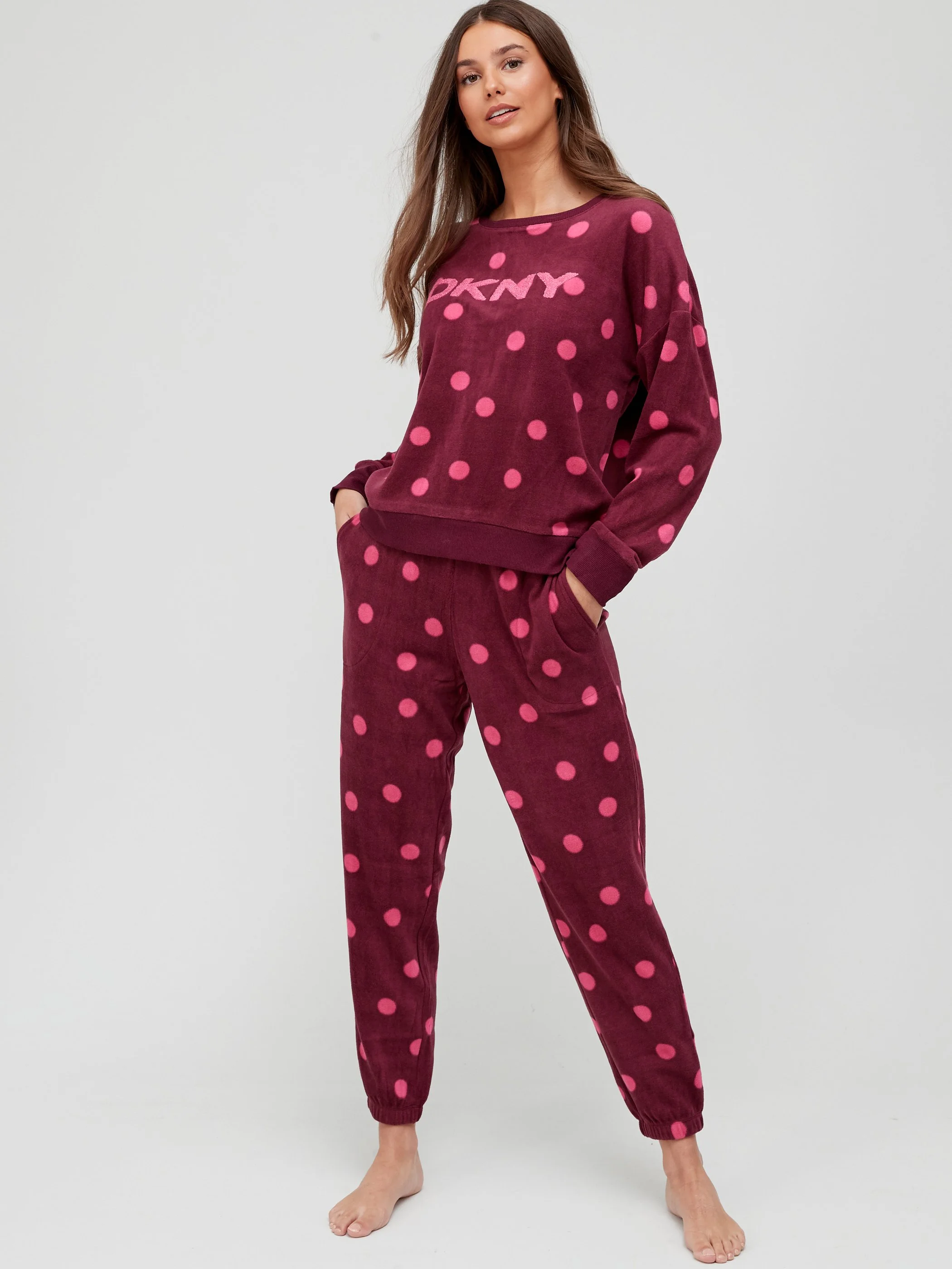 DKNY Polka Dot Print Top &amp; Jogger Sleep Set in Mulberry Dot €62.95,