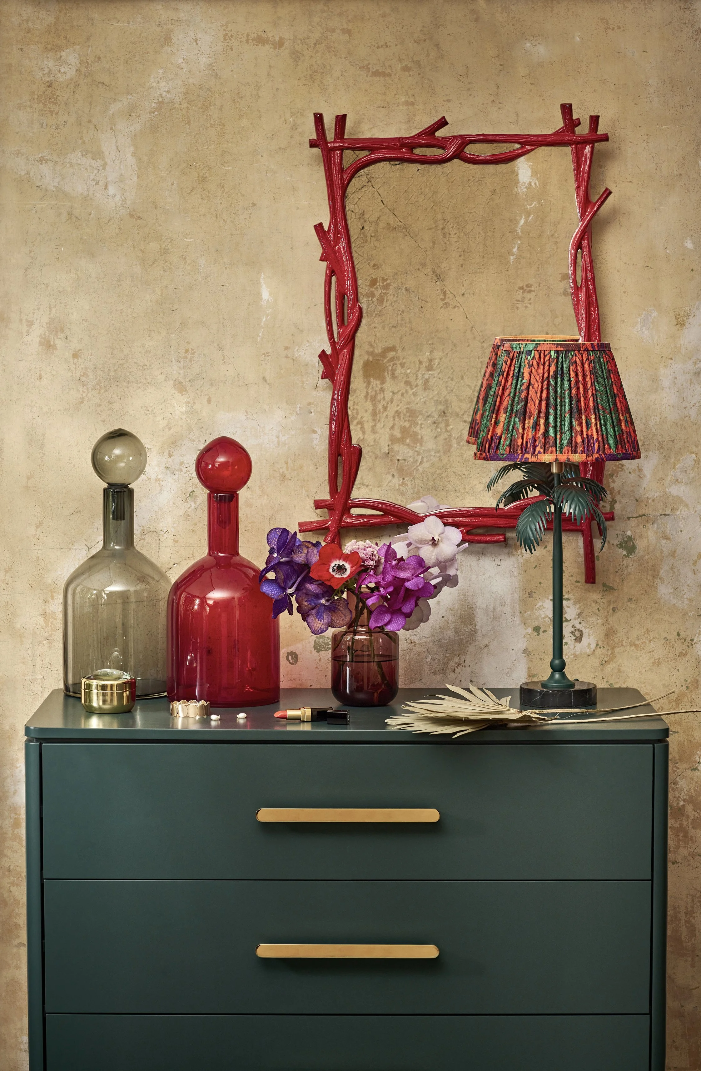 Palm Lamp Base €137.02, Peacock Ikat Shade (Red) €59.57, Woodland Red Twig Mirror €238.30