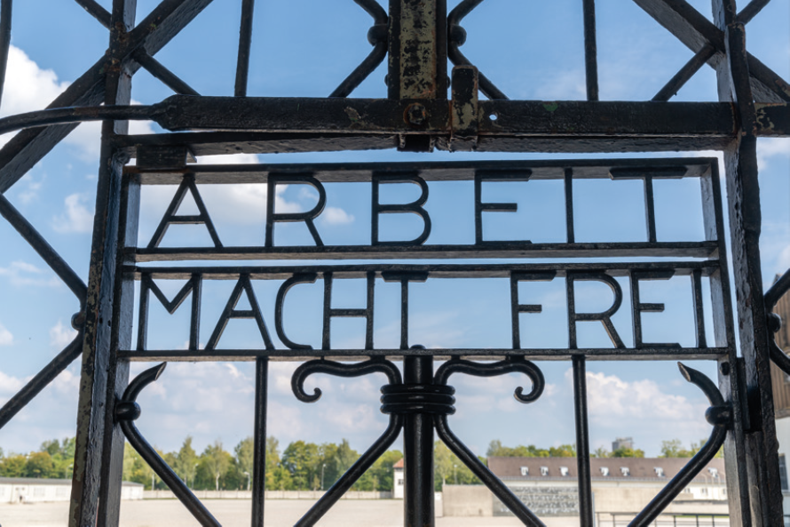 View of the historic entracne gate at Dachau Concentration Camp near Munich;