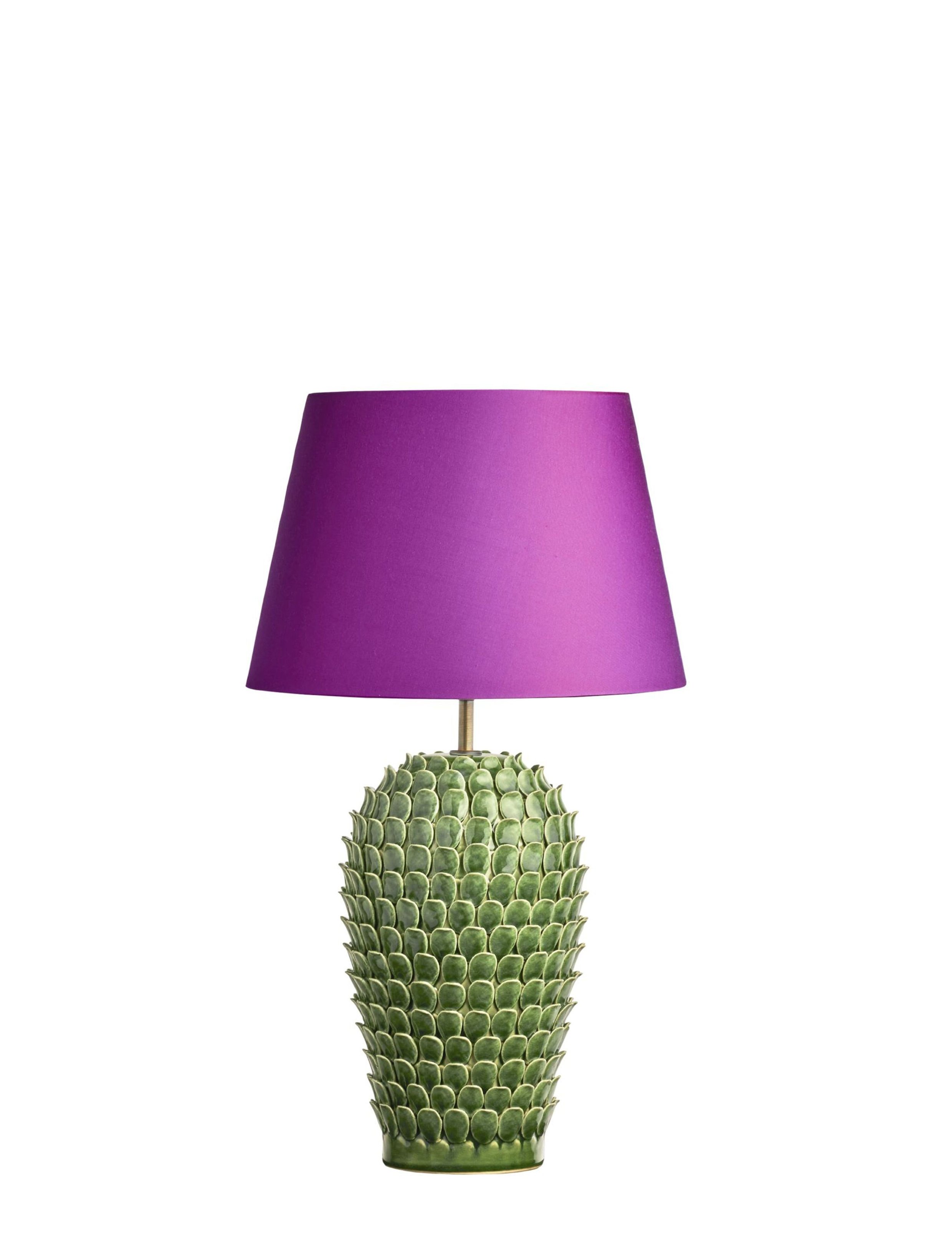  7. Pooky Straight Empire Lampshade in Fuchsia Dupion Silk €116, and Larger Stucco Table Lamp in Emerald €150, 