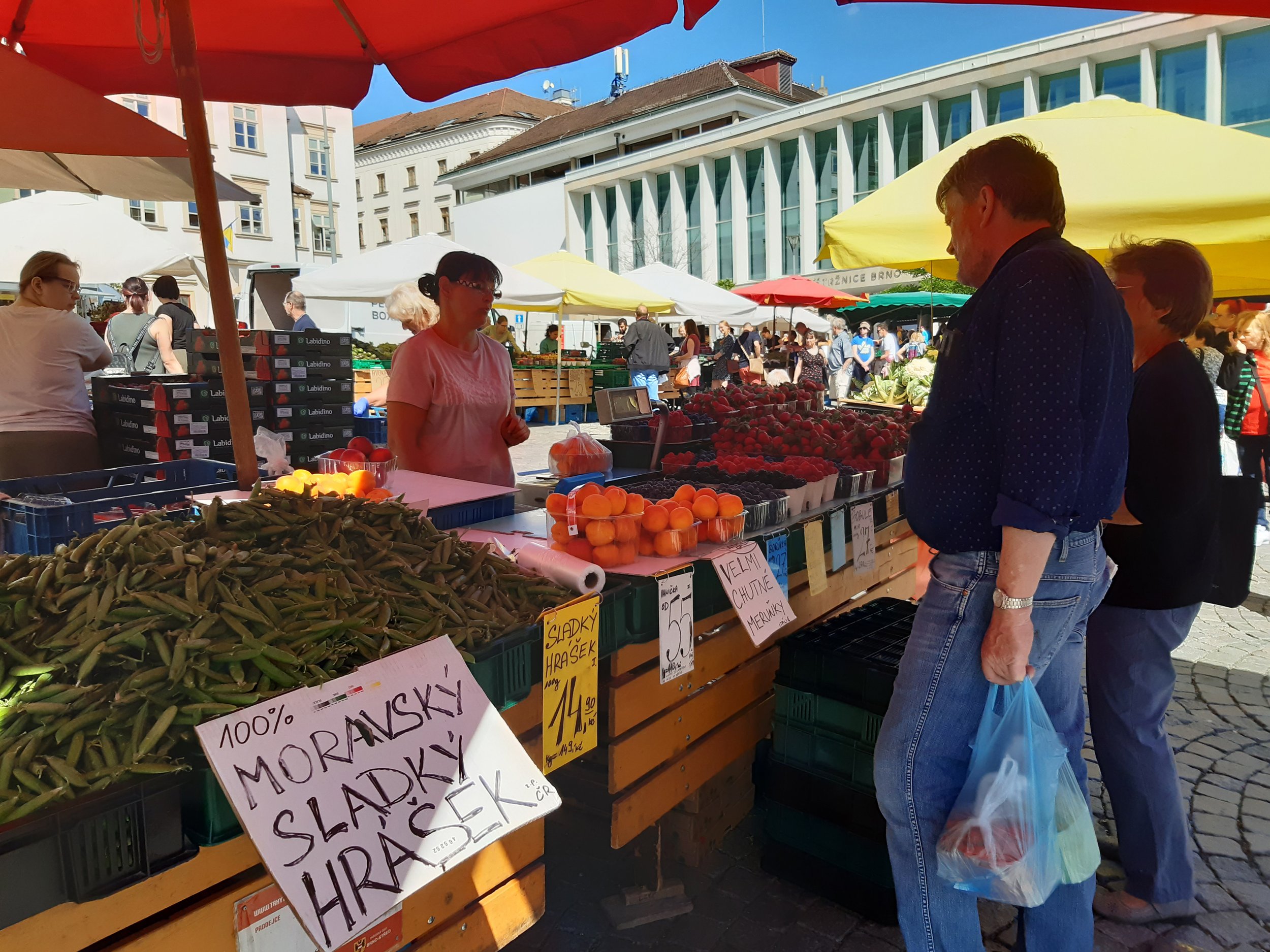 farmers and stallholders sell their fruit, veg and fl owers at a daily market in the centre of Brno.