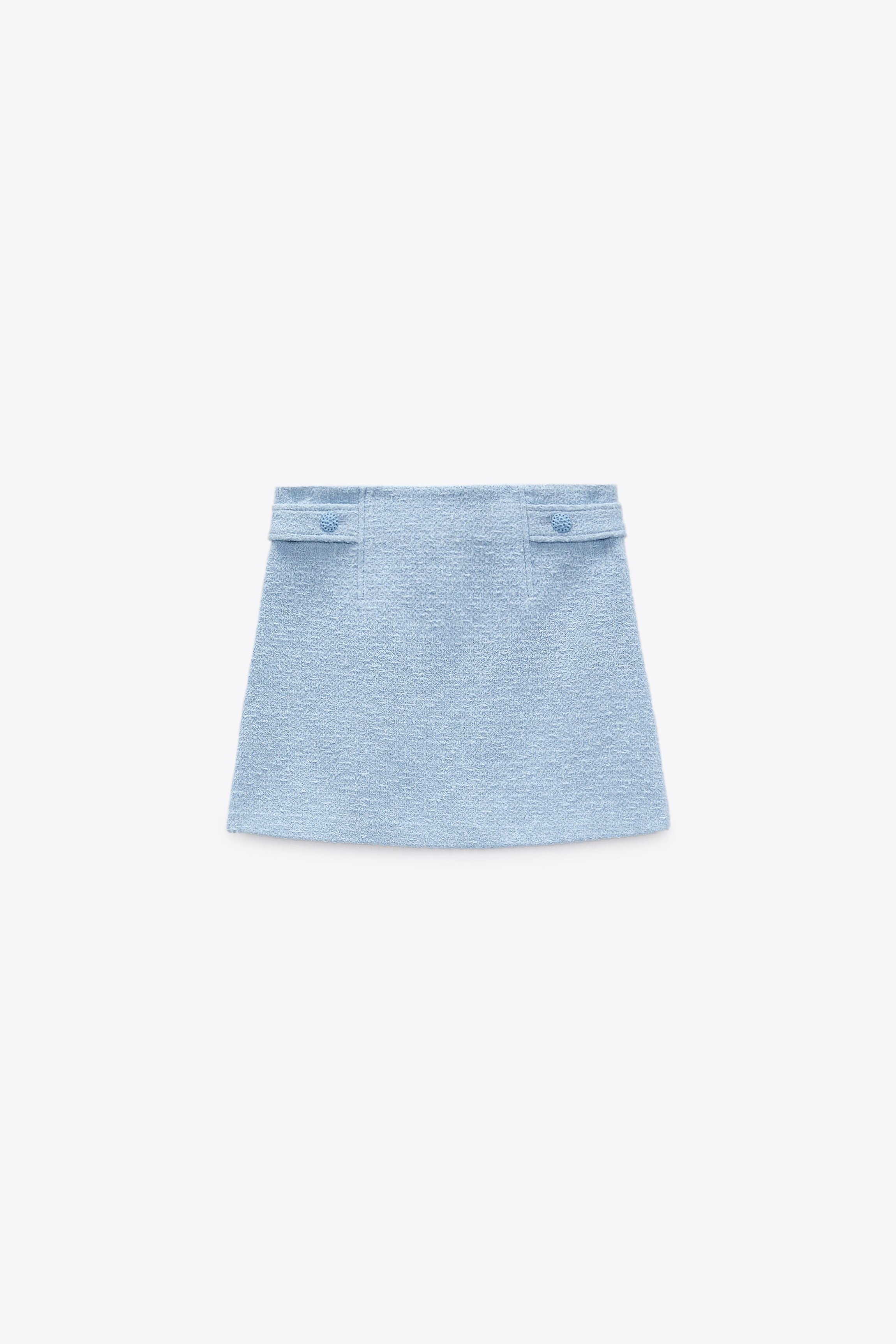 4&gt; Zara Textured Blazer with Button Details in Sky Blue €69.95; Short Textured Skirt in Sky Blue, €39.95,