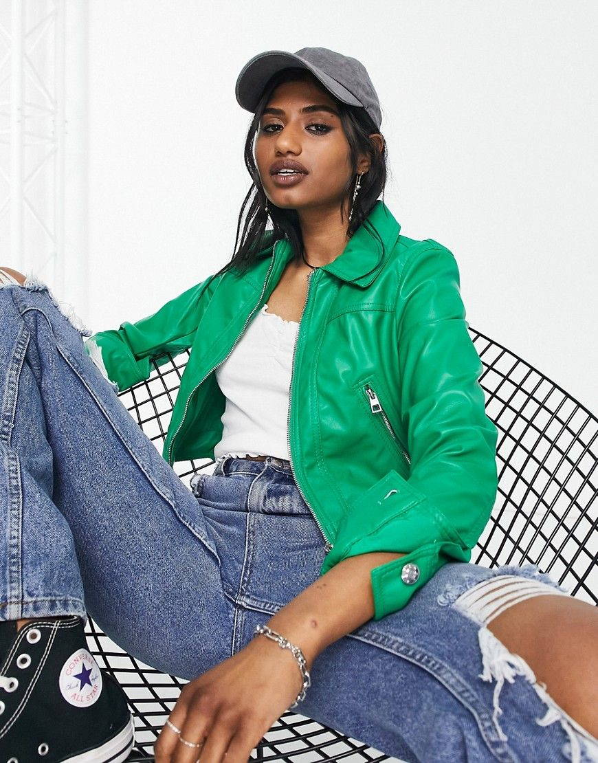 Bershka Zip Up Collar Detail Faux Leather Jacket In Bright Green €29.99